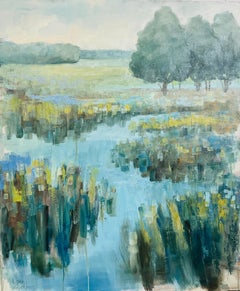 Misty Blue by Allison Chambers, Large Oil on Canvas Landscape Painting