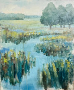 Misty Blue by Allison Chambers, Large Oil on Canvas Landscape Painting