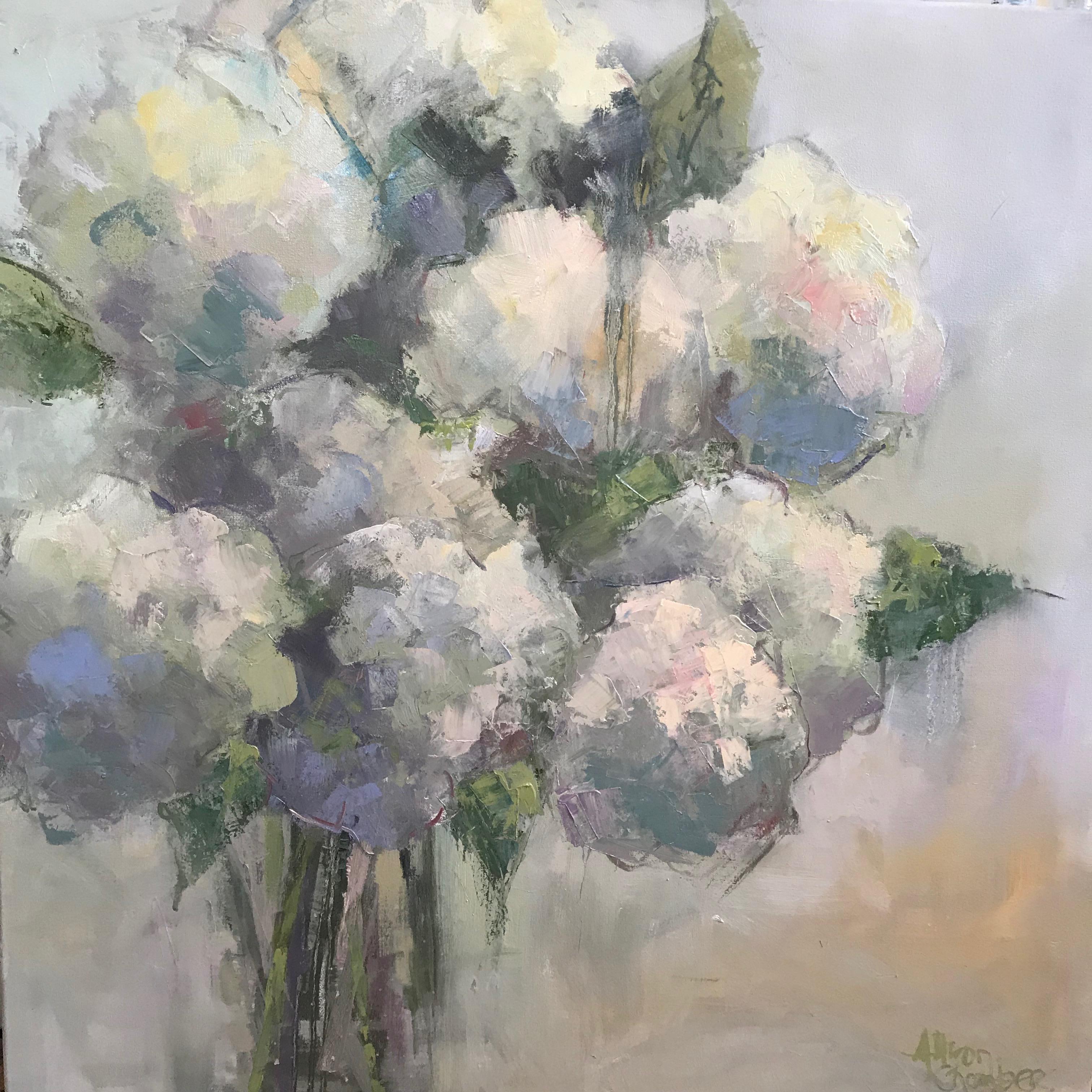 'My Sweetheart' is a framed oil on canvas Impressionist floral painting of square format created by American artist Allison Chambers in 2020. Featuring a palette made of white, green, grey, violet and beige tones, the painting depicts an exquisite