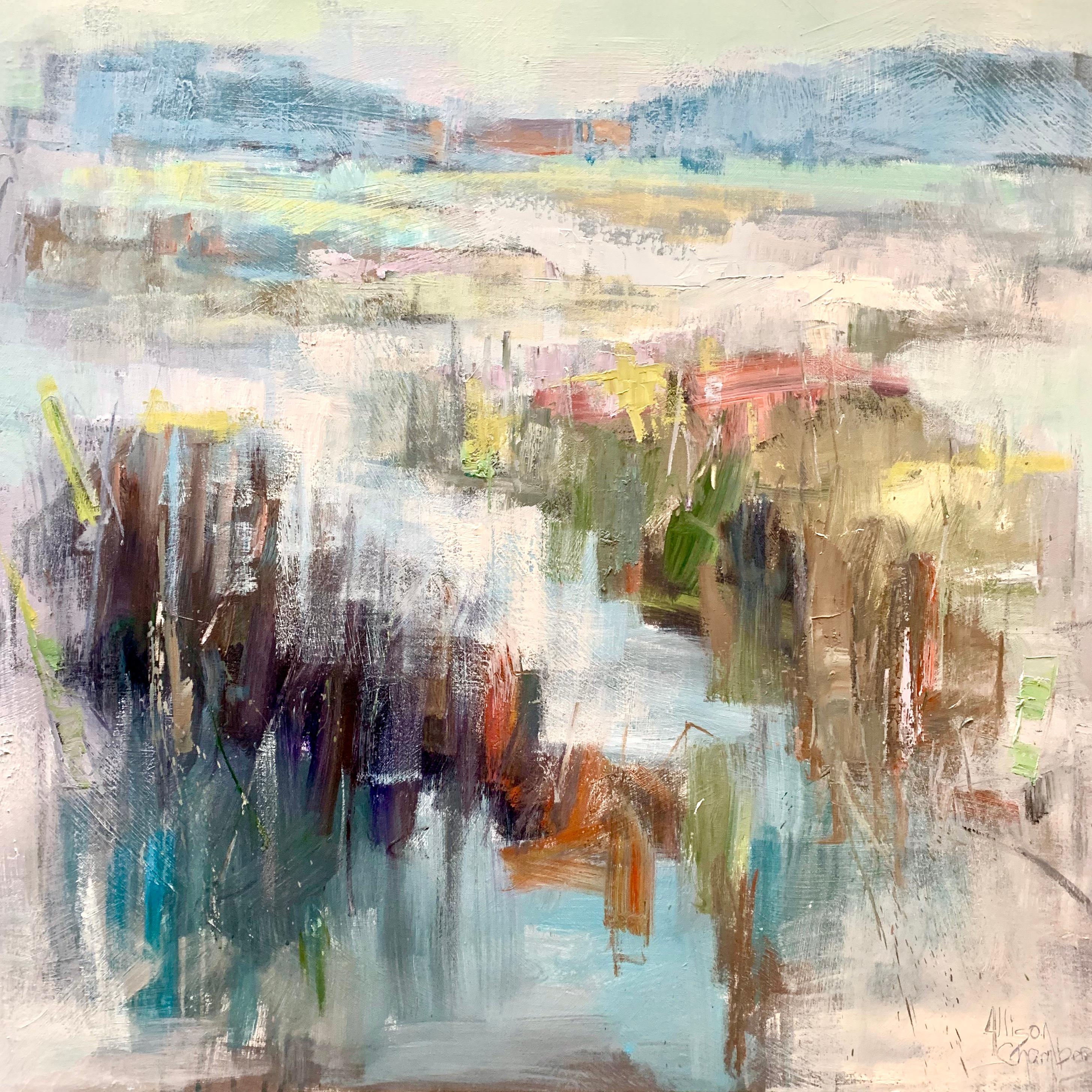 'New Tide' is a large framed Impressionist oil on canvas painting of square format created by American artist Allison Chambers in 2020. Featuring a palette made of white, green, turquoise, purple and brown tones among others, this painting depicts a