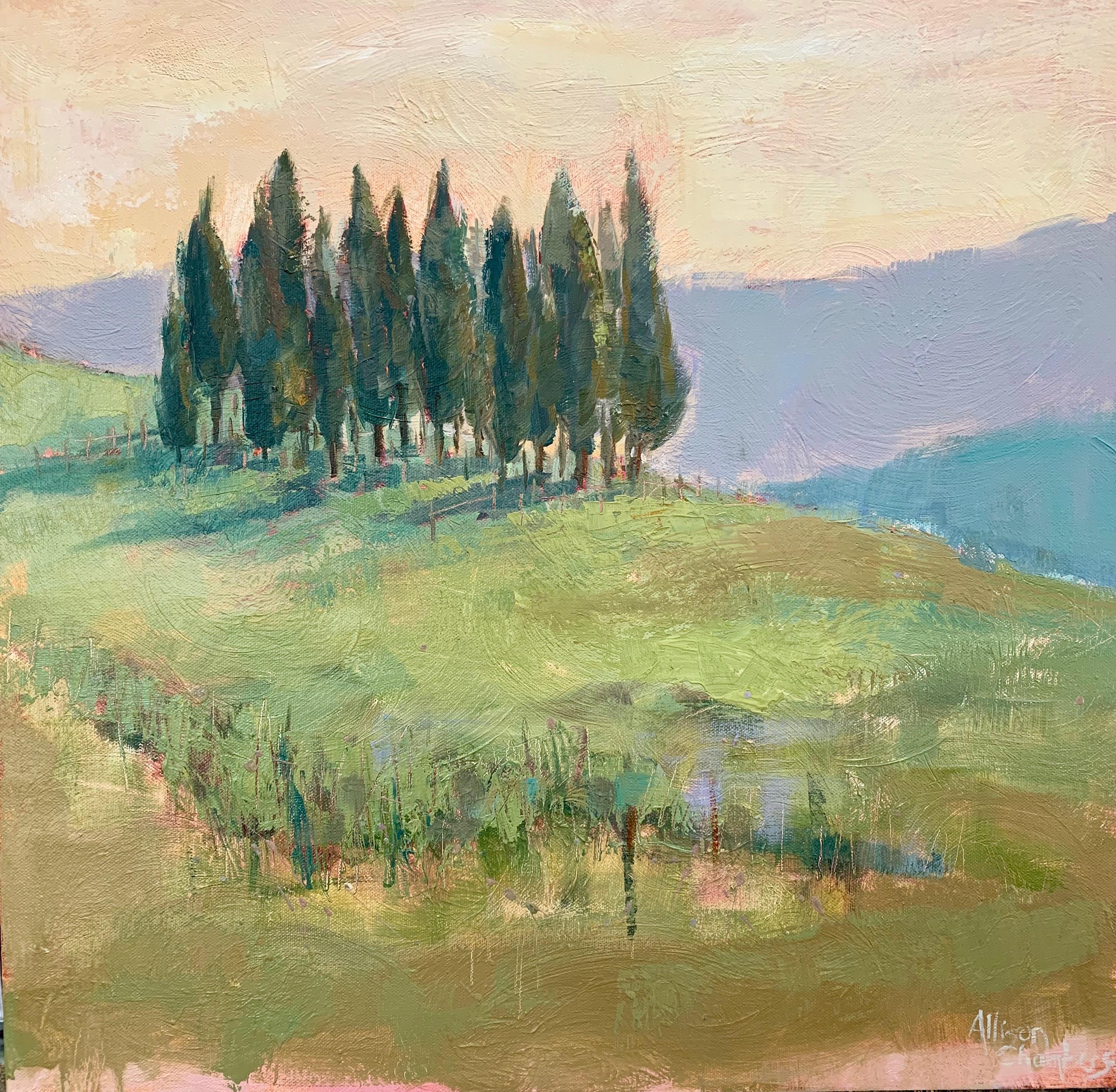 'Once Upon a Hill' is a framed Impressionist oil on canvas painting created by American artist Allison Chambers in 2019. Featuring a palette made of green, purple, pink and ocher tones, the painting depicts a grouping of cypress trees accentuating
