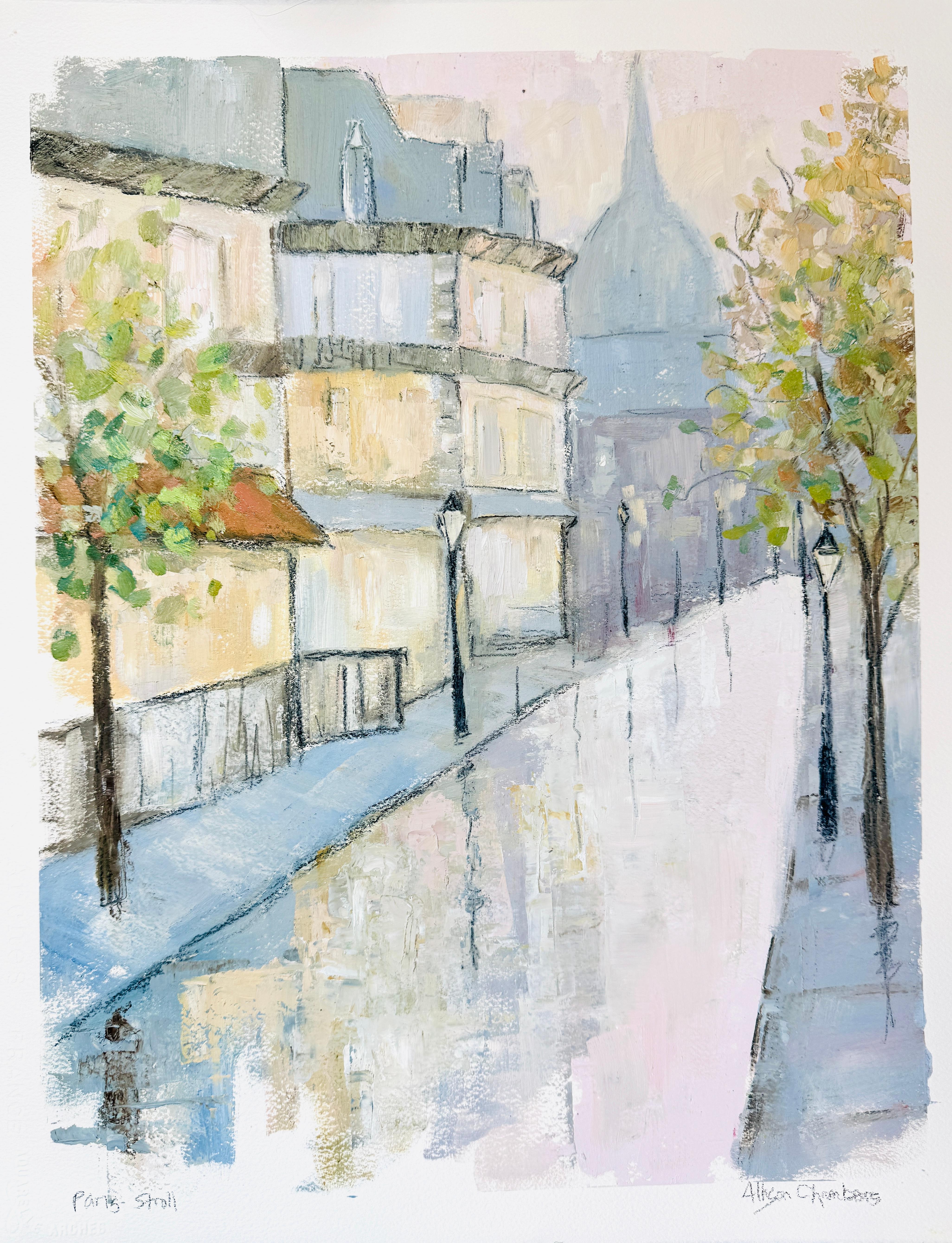 Paseo por París by Allison Chambers, Pintura al óleo paisaje francés sobre papel