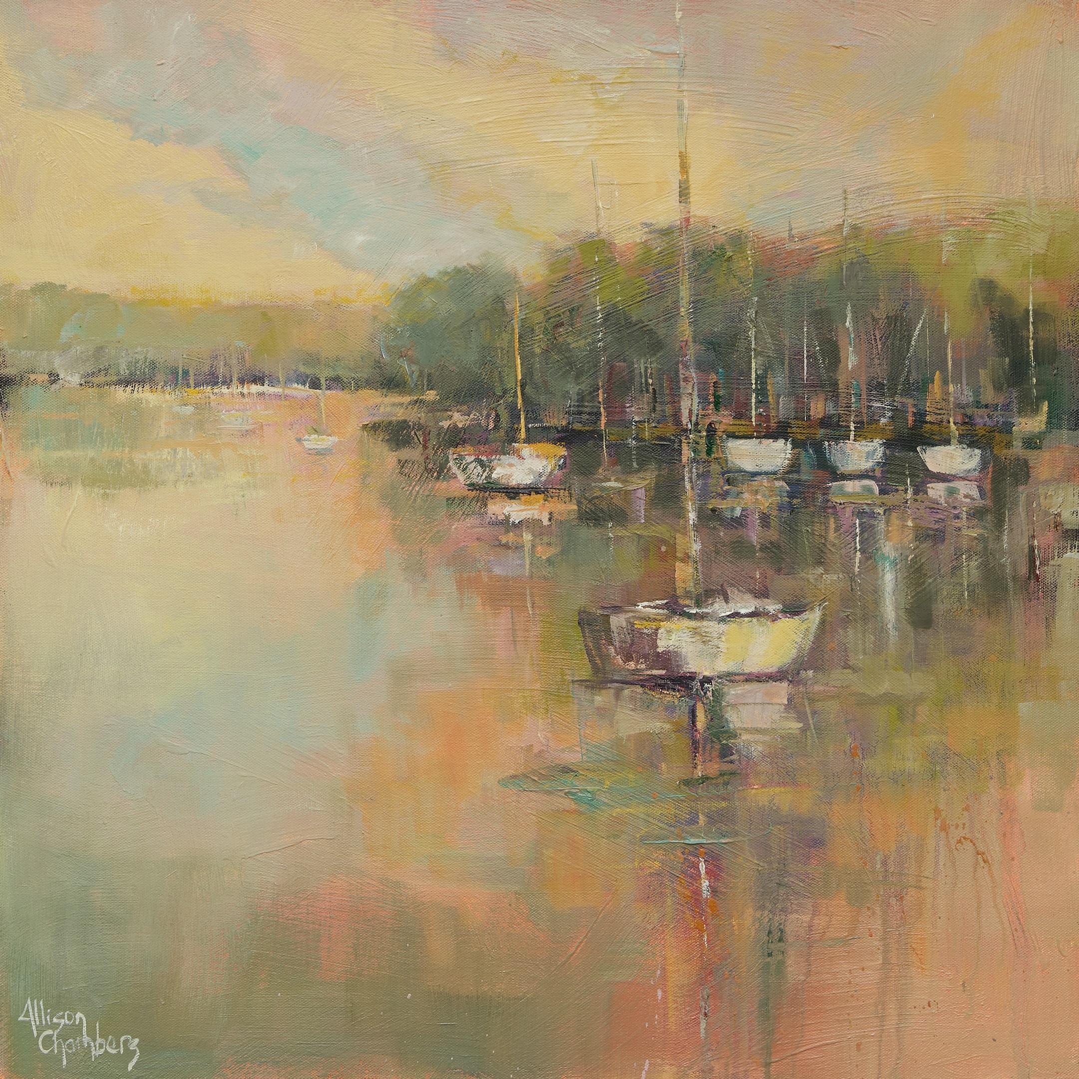'Peaceful Harbor' is a framed Impressionist oil on panel painting of square format created by American artist Allison Chambers in 2020. Featuring a palette made of green, purple, brown and soft pink tones among many others, this painting depicts a