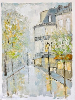 Giorno di pioggia a Parigi di Allison Chambers, pittura francese di paesaggio a olio su carta