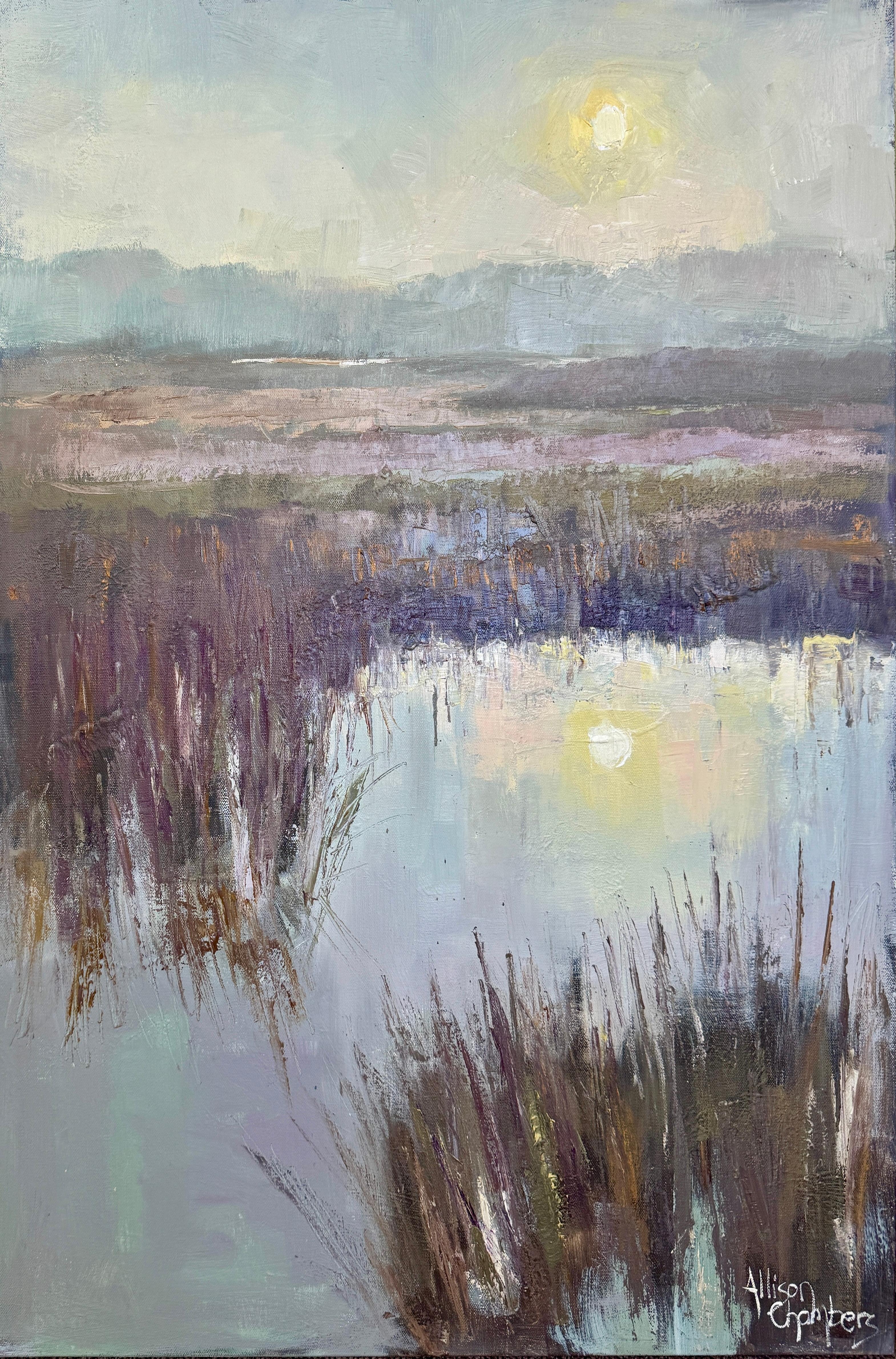 Rollin In par Allison Chambers, grande peinture à l'huile verticale de paysage avec lune