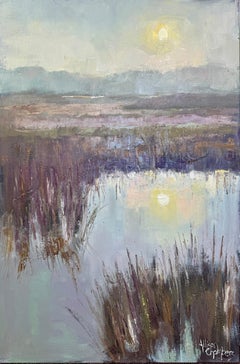 Rollin In par Allison Chambers, grande peinture à l'huile verticale de paysage avec lune