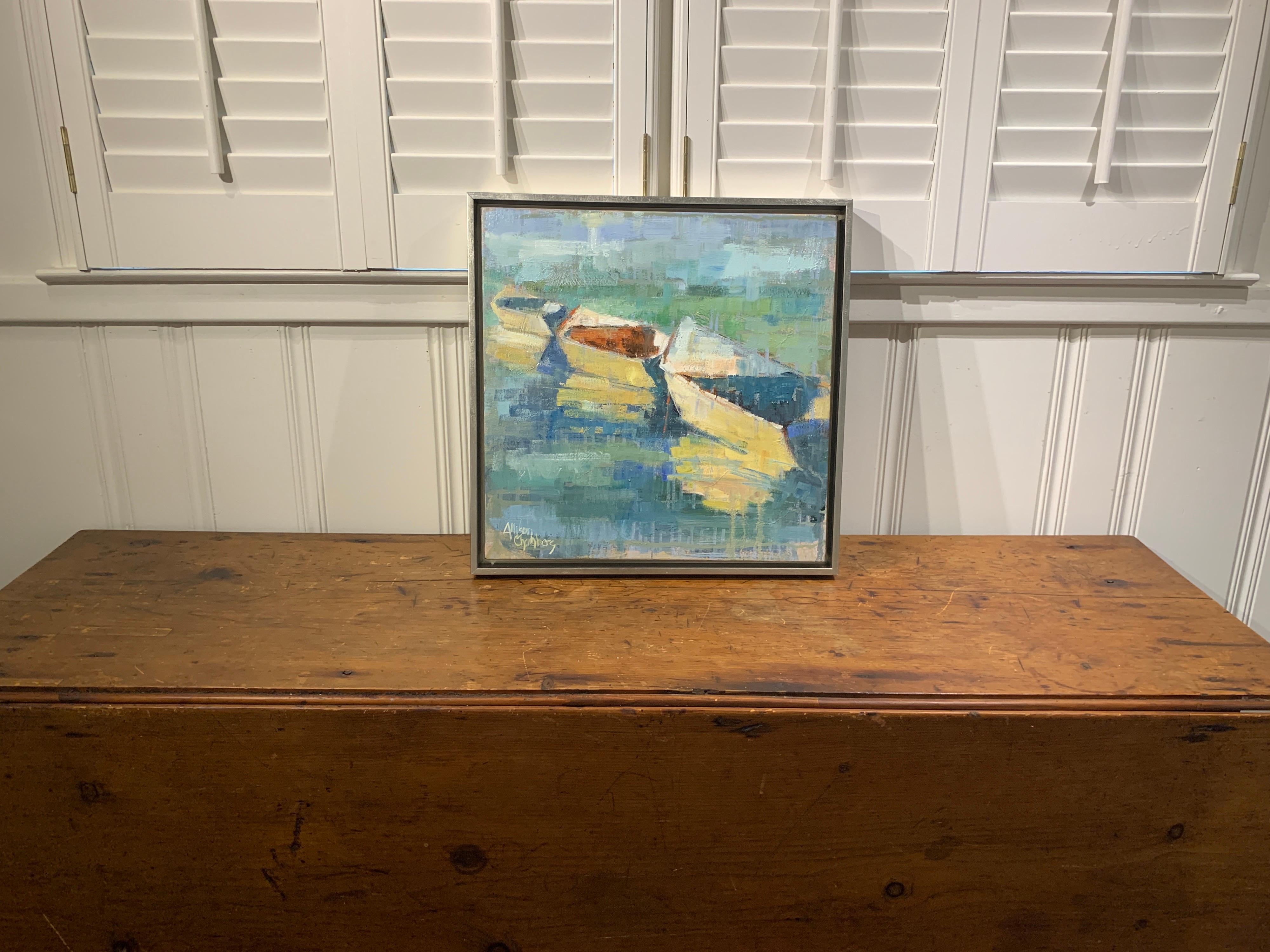 'Row Your Boat' is a framed Impressionist oil on canvas painting of square format created by American artist Allison Chambers in 2020. Featuring a palette made of blue, turquoise, green, orange and yellow tones among others, this painting depicts