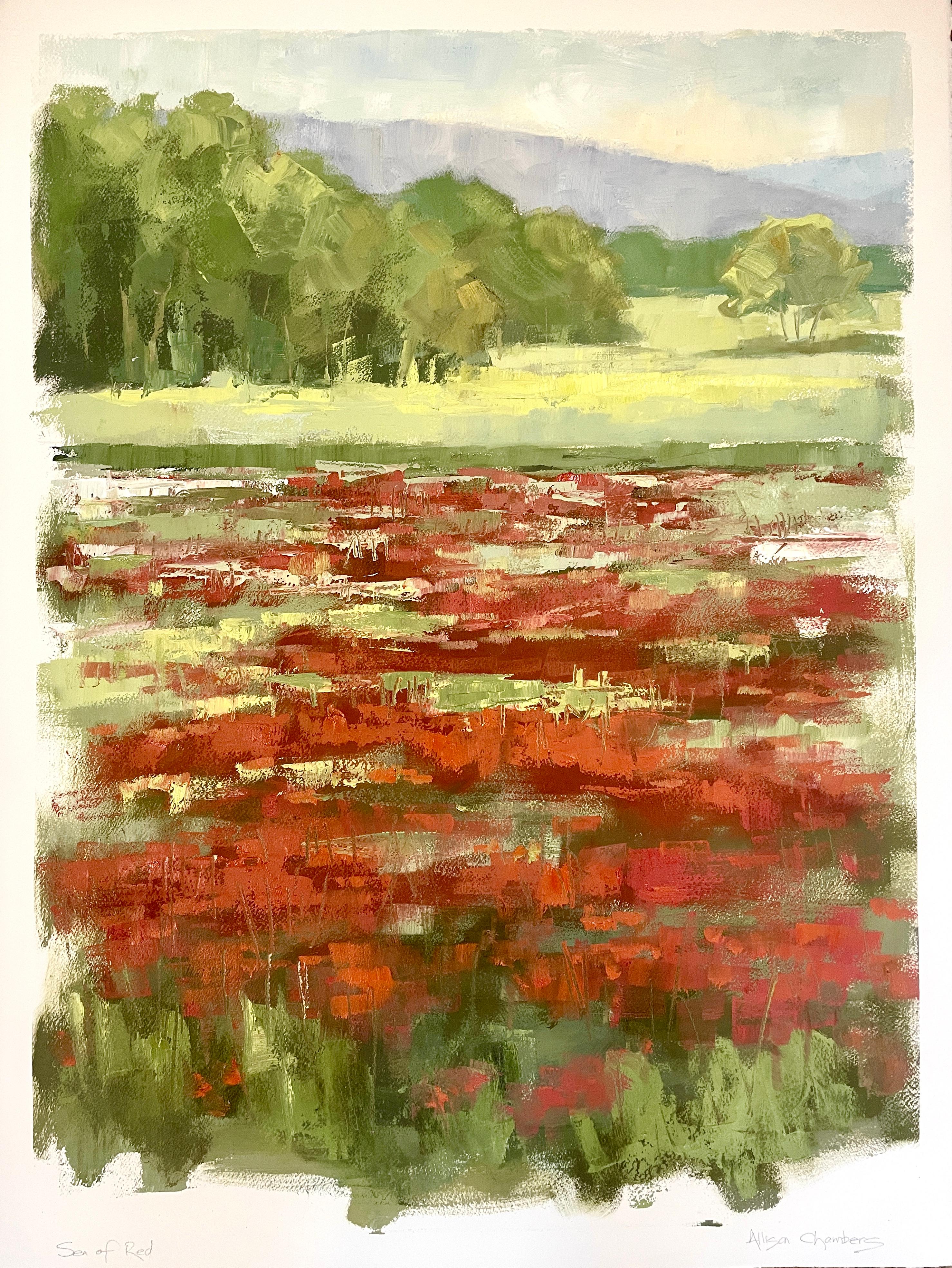 Sea of Red par Allison Chambers, peinture à l'huile sur papier de paysage vertical