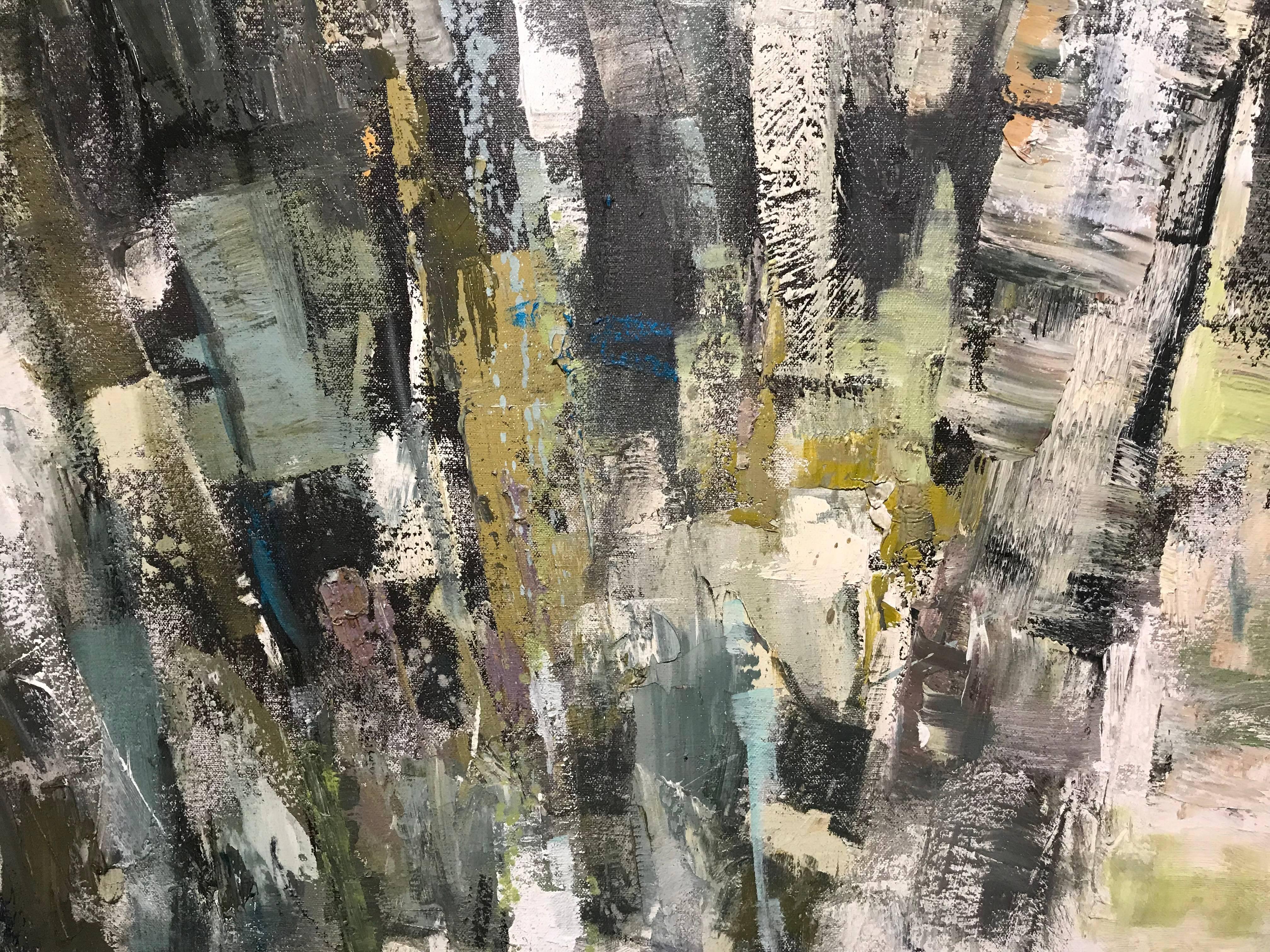 'Searching' is a large framed abstracted depiction of a grouping of birch trees created by American artist Allison Chambers in 2018. Favoring a vertical format that compliments the subject perfectly, the artist balanced the negative space present in