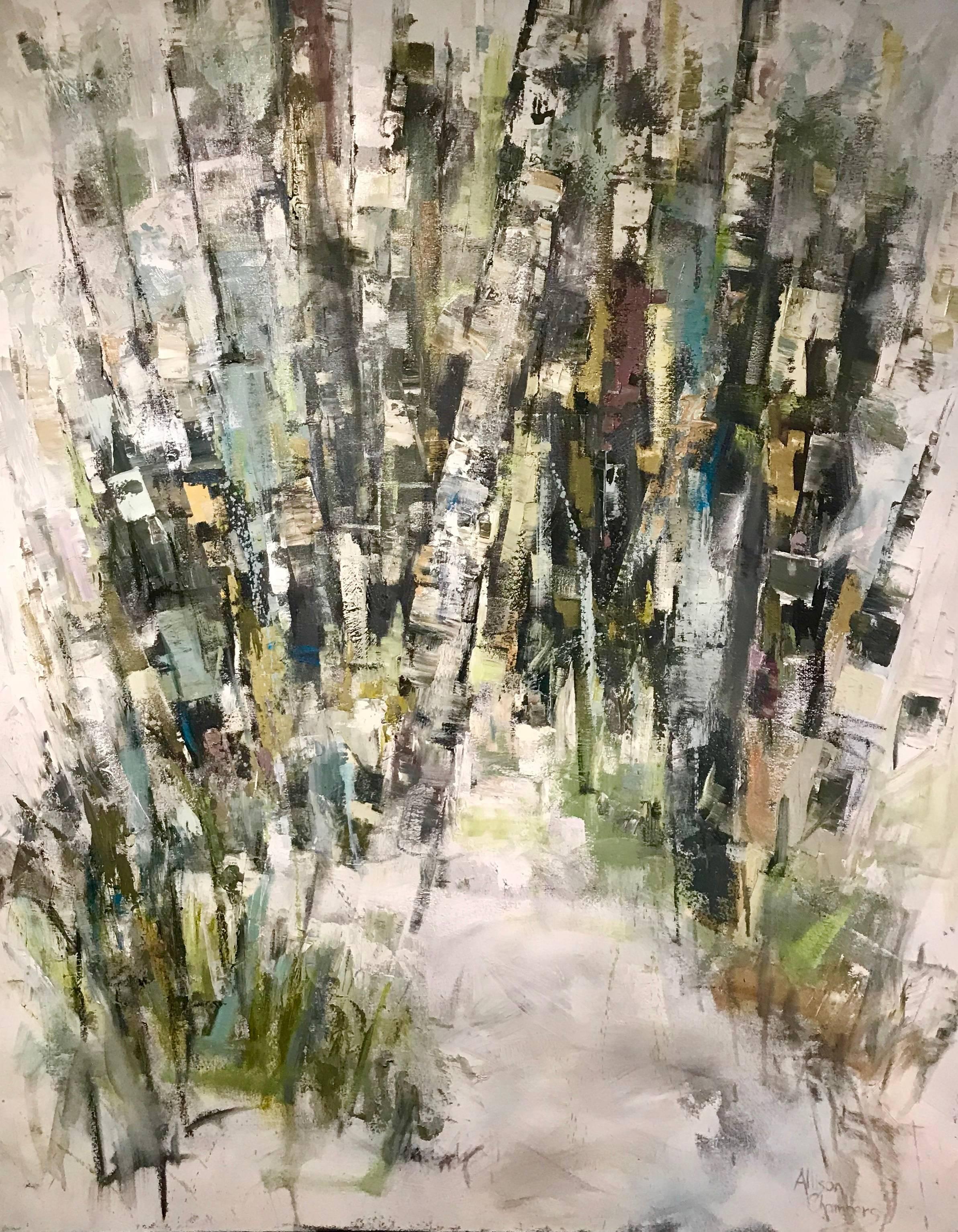 Allison Chambers Abstract Painting - Searching, Large Framed Vertical Abstracted Birch Trees Oil on Canvas Painting