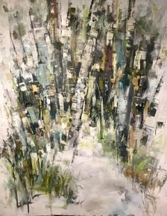 Searching, Large Framed Vertical Abstracted Birch Trees Oil on Canvas Painting