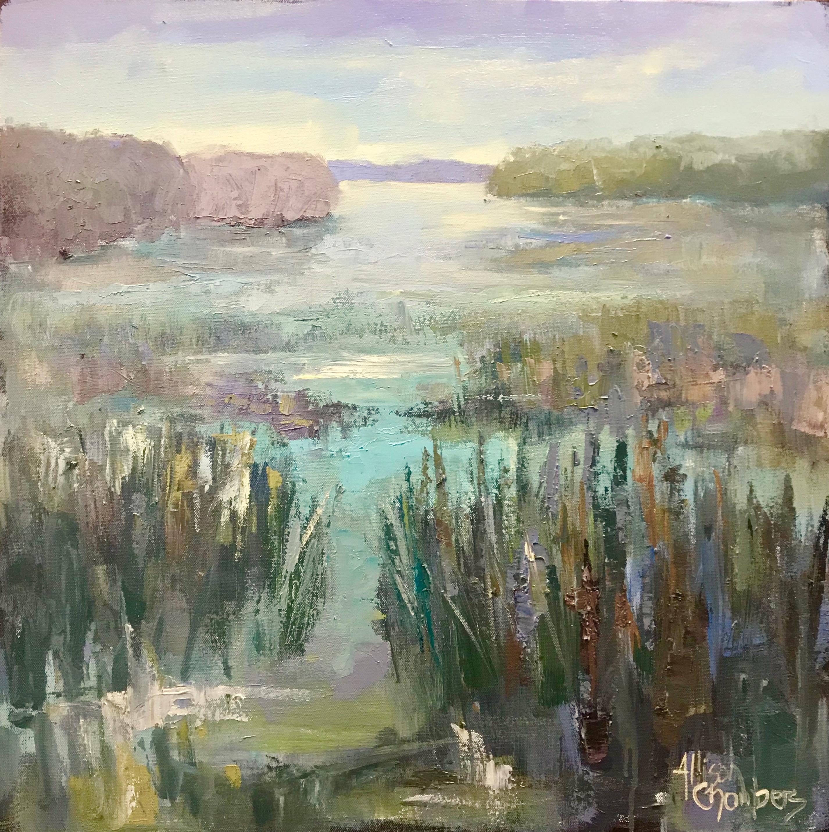 'Serene' is a medium size Impressionist landscape oil on canvas painting created by American artist Allison Chambers in 2019. Featuring an exquisite palette made of teal, purple and green tones, the painting depicts a romantic and peaceful marshy