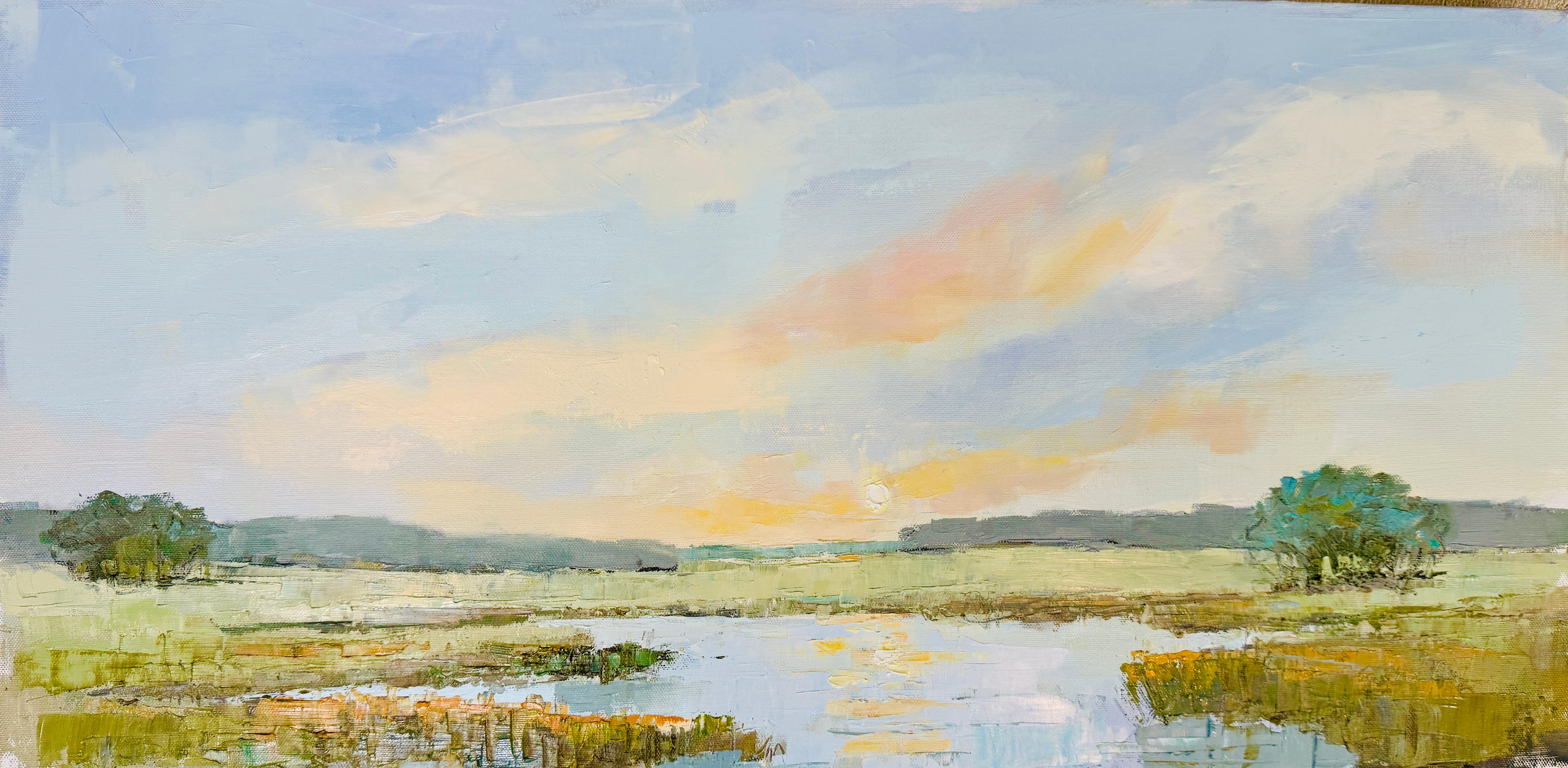 "Soulful" von Allison Chambers - Ölgemälde auf Leinwand (15 x 30 in)

Soulful von Allison Chambers ist ein 15 x 30 Zoll großes Ölgemälde auf Leinwand, das einen ruhigen Moment der Reflexion durch Farbschichten und Atmosphäre einfängt. Chambers, die