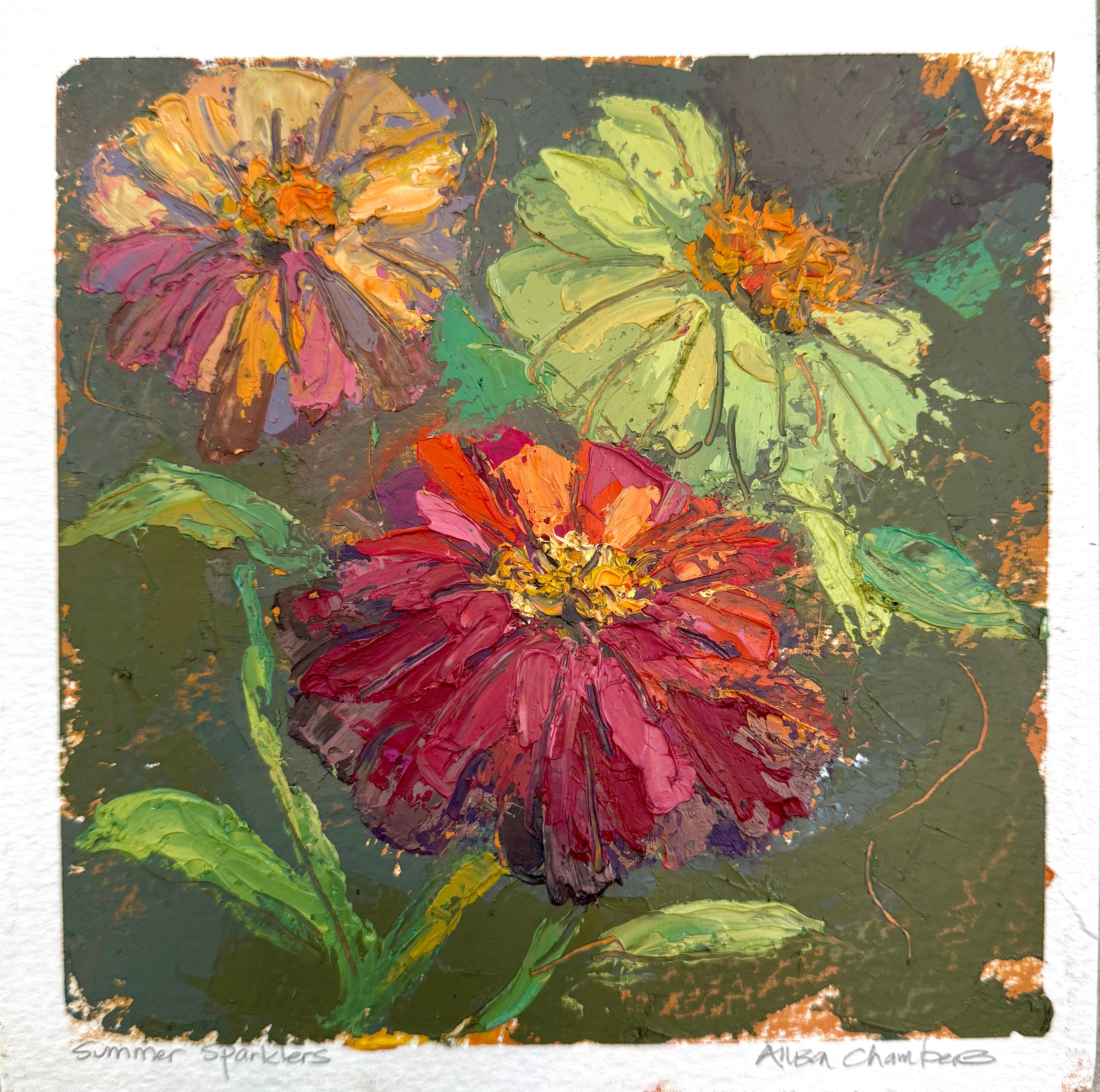 Allison Chambers - Les étincelles de l'été
Huile sur papier, 8 x 8 pouces

L'impressionniste contemporaine Allison Chambers capture l'éclat vif des fleurs d'été dans Summer Sparklers. Peinte à l'huile sur papier (8 x 8 pouces), cette vibrante nature
