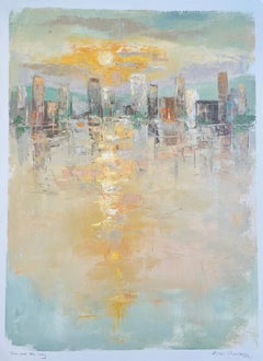 Sun Over the City by Allison Chambers, Oil on Paper Vertical Cityscape Painting
