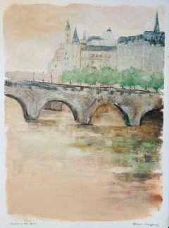 Sunset on the Seine by Allison Chambers, Oil Landscape Paris Painting on Paper