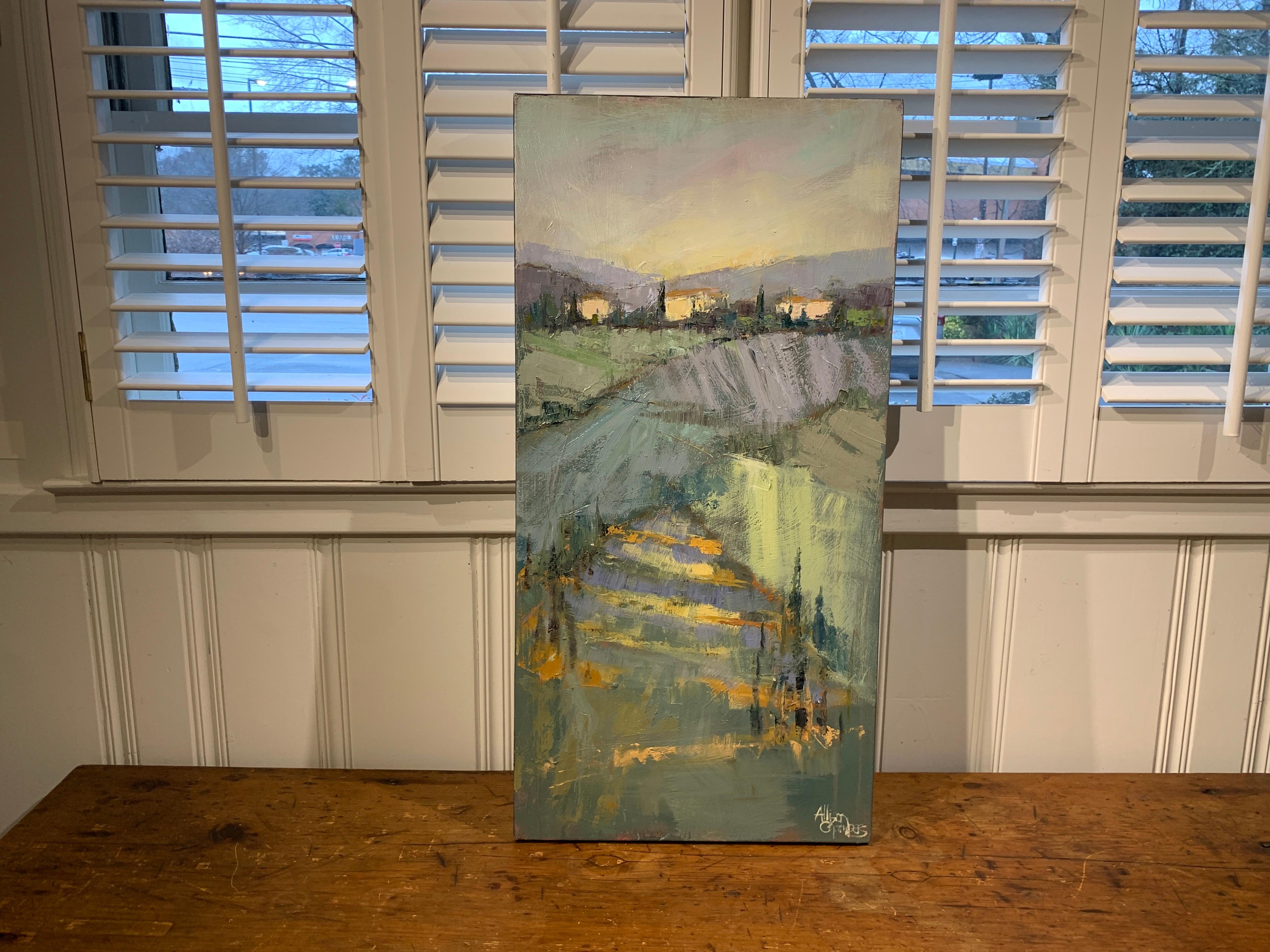 'Take Me Back' is an Impressionist oil on canvas painting created by American artist Allison Chambers in 2021. Featuring a palette made of green, blue, neutral and purple tones, the painting depicts a vineyard leading our eye to the purple-shaded