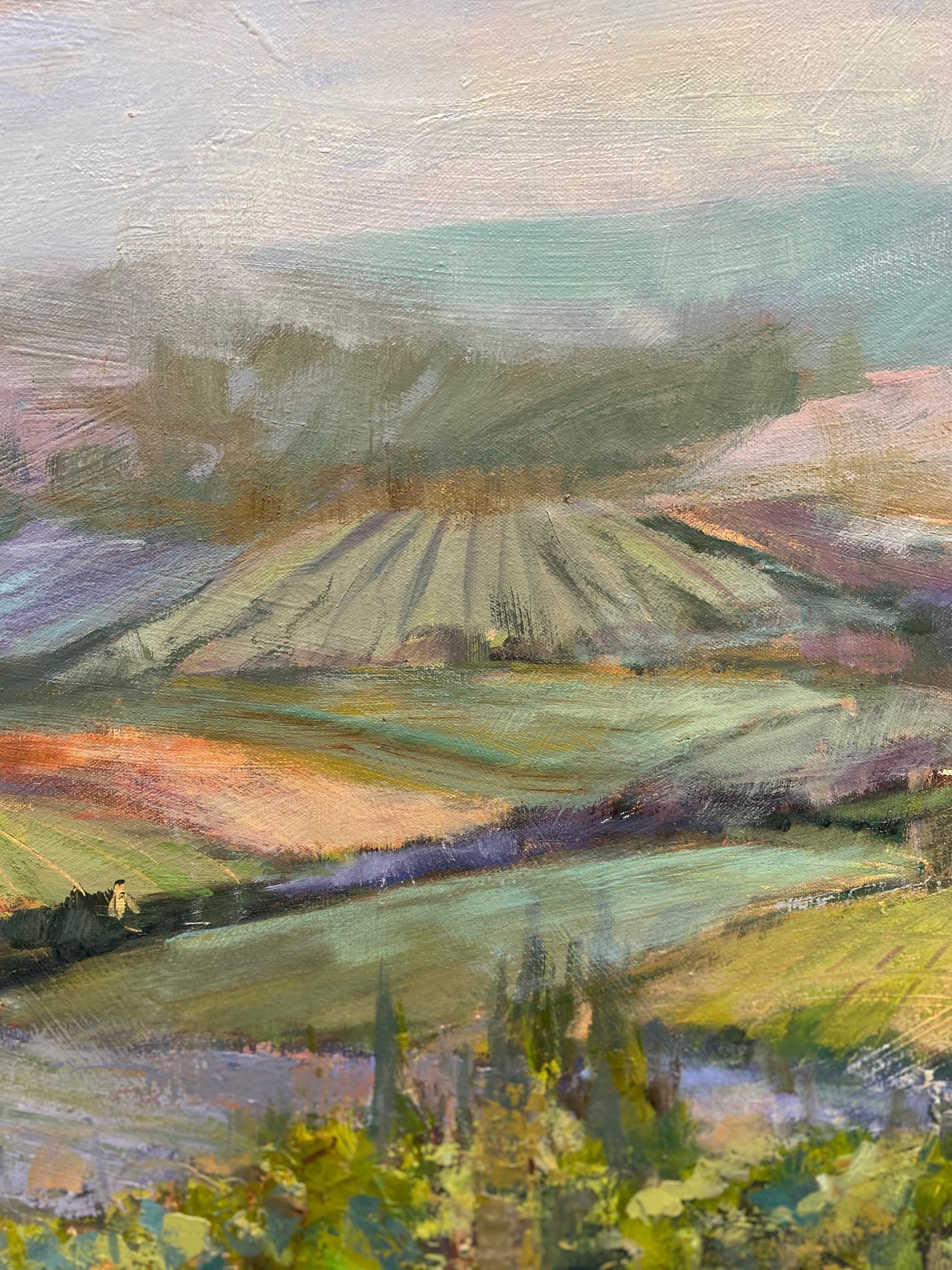 The Hills Are Alive rings true to all wine lovers with a passion for  exploring the earthy, elegant world of wine cultivating and collecting North Carolina artist Allison Chambers' extensive use of  palette knife lifts the oil paint above the