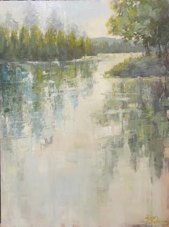 Tranquil Day par Allison Chambers, peinture à l'huile sur toile de paysage vertical