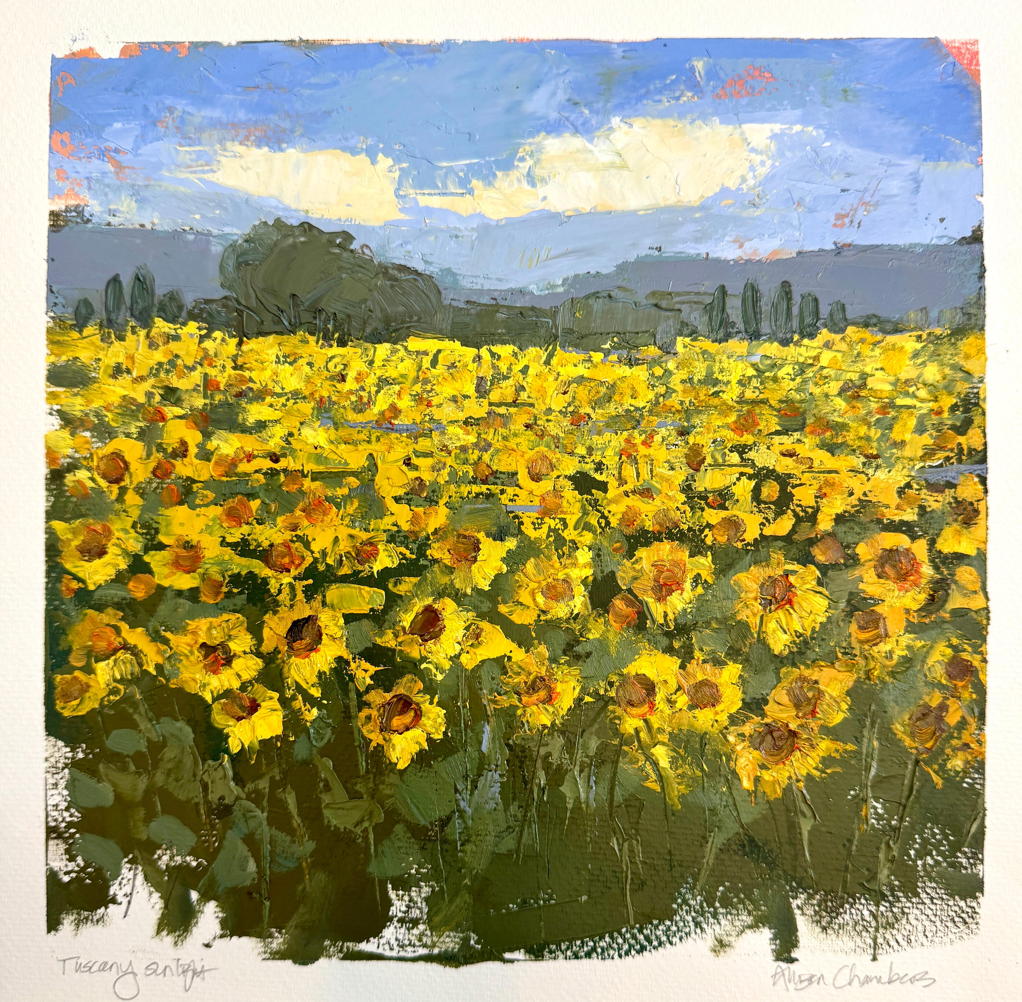 Allison Chambers - Soleil de Toscane
Huile sur papier, 10 x 10 pouces

L'impressionniste contemporaine primée Allison Chambers capture la beauté radieuse de la campagne italienne dans Tuscany Sunlight. Cette huile intime sur papier (10 x 10 pouces)