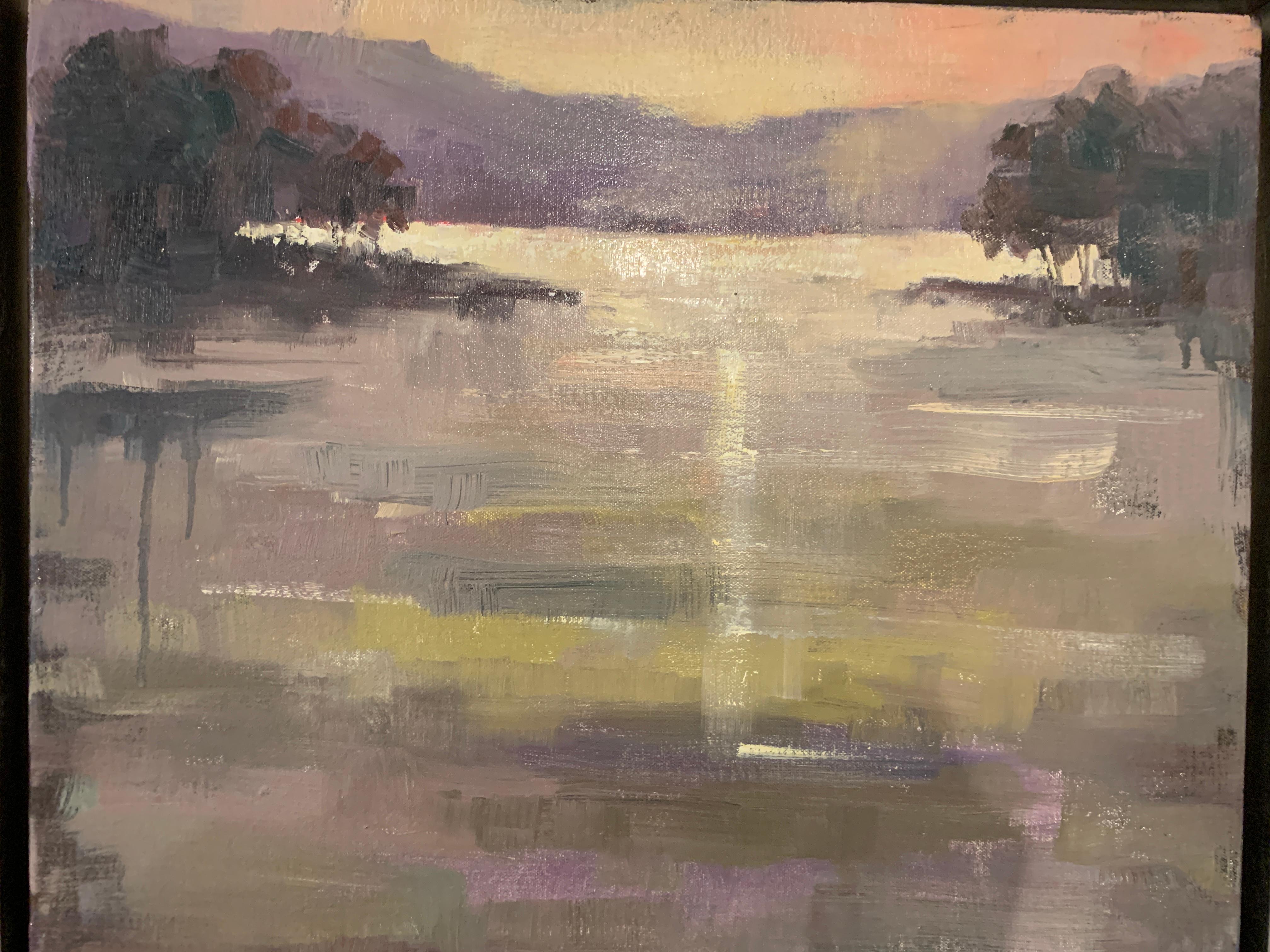'Twilight' is a framed Impressionist oil on canvas landscape painting created by American artist Allison Chambers in 2020. Featuring an exquisite palette made of ocher, blue, green and pink tones, the painting exudes an aura of serenity. A central