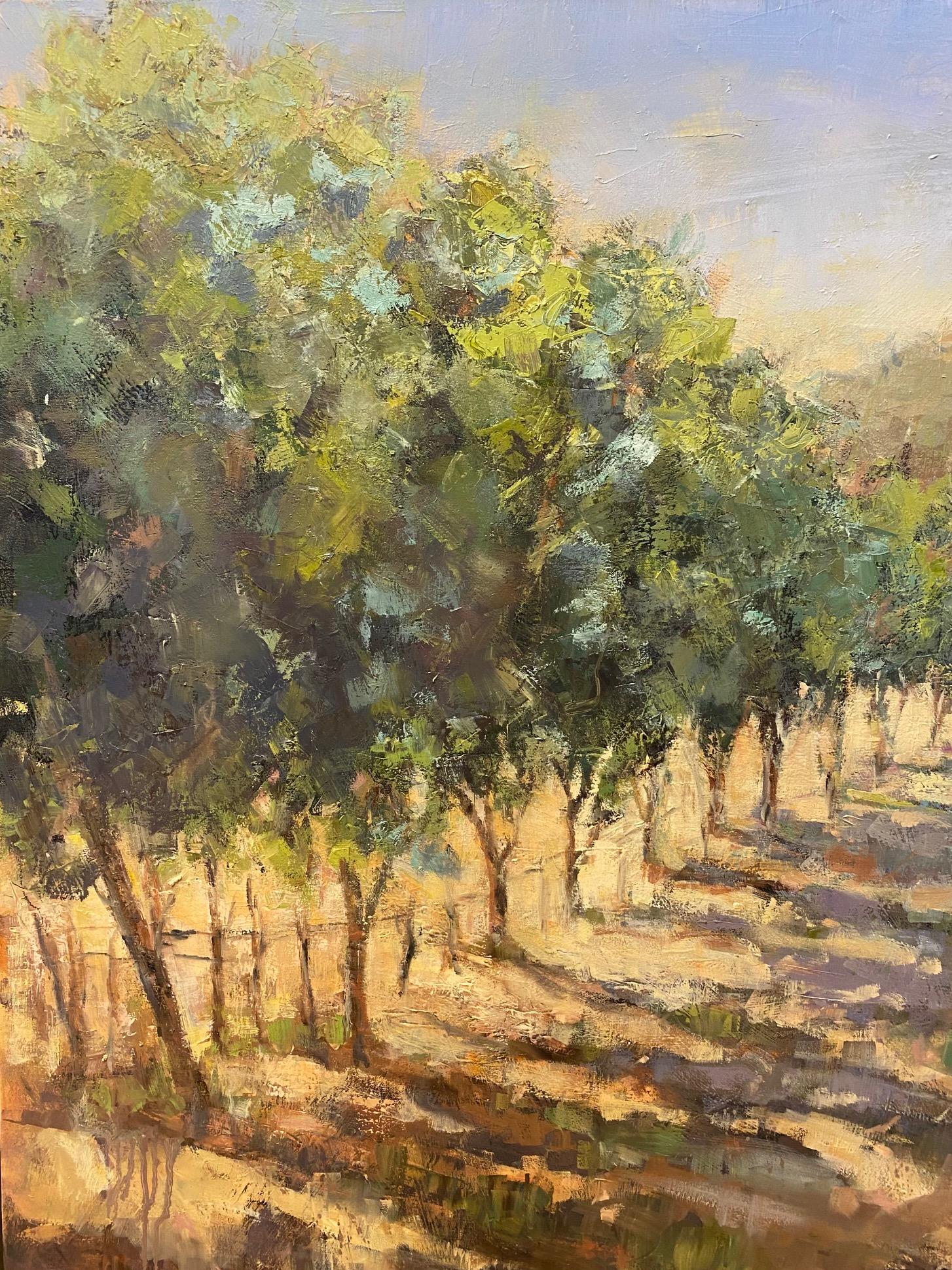 Vines, original 40x30 impressionist vineyard landscape - Painting by Allison Chambers