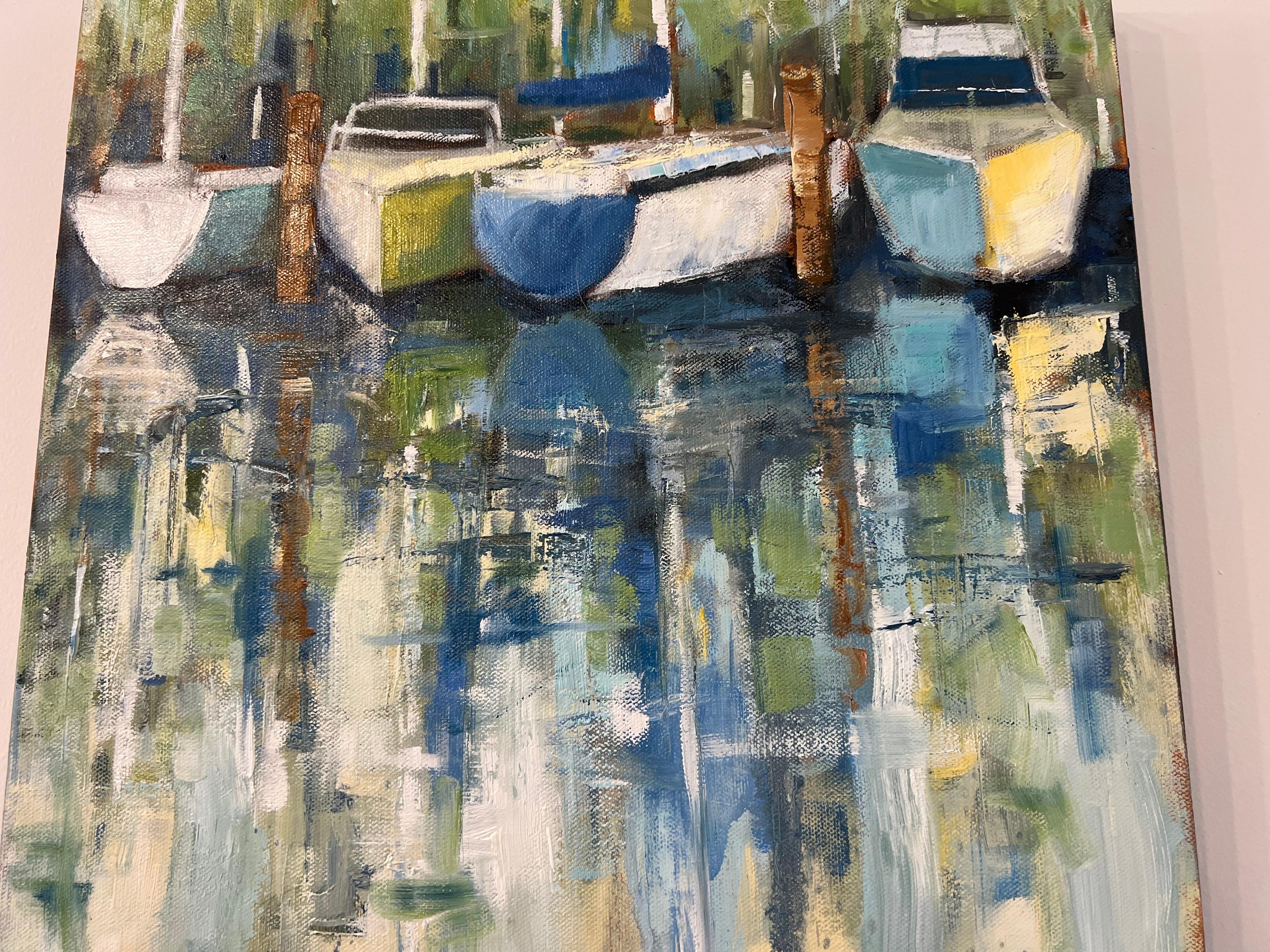 Waiting Patiently by Allison Chambers, Petite Framed Impressionist Boat Painting 2