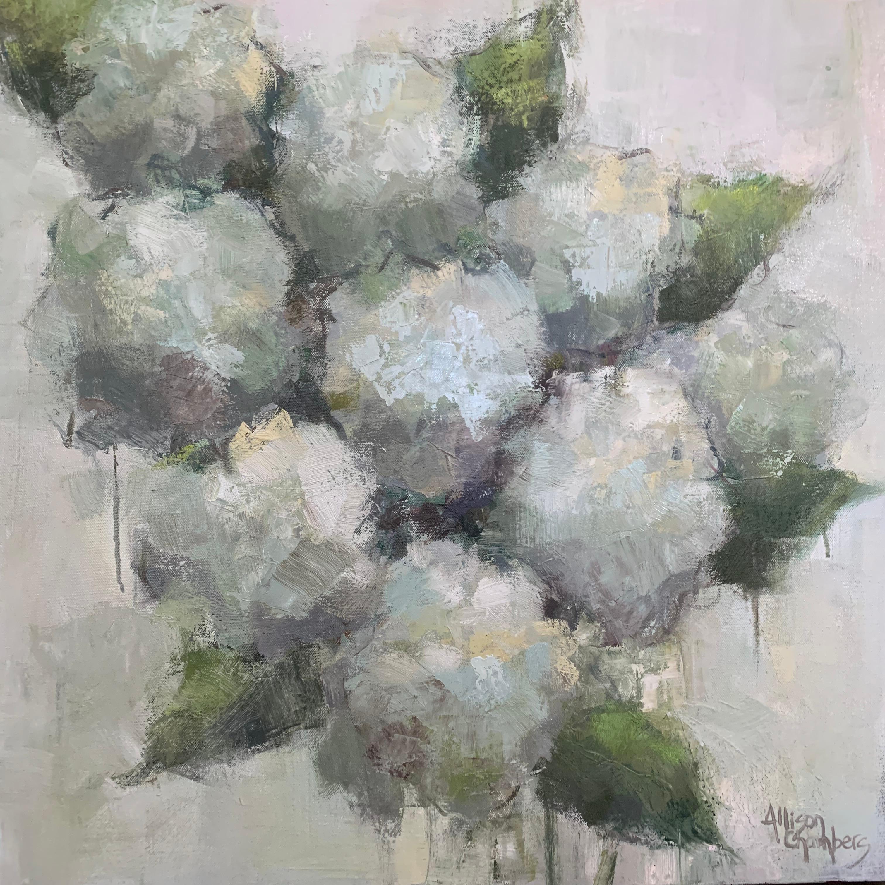 "Whisper 2' is a framed oil on canvas Impressionist floral painting of square format created by American artist Allison Chambers in 2022. Featuring a palette made of white, green, grey and purple tones, the painting depicts an exquisite bouquet of