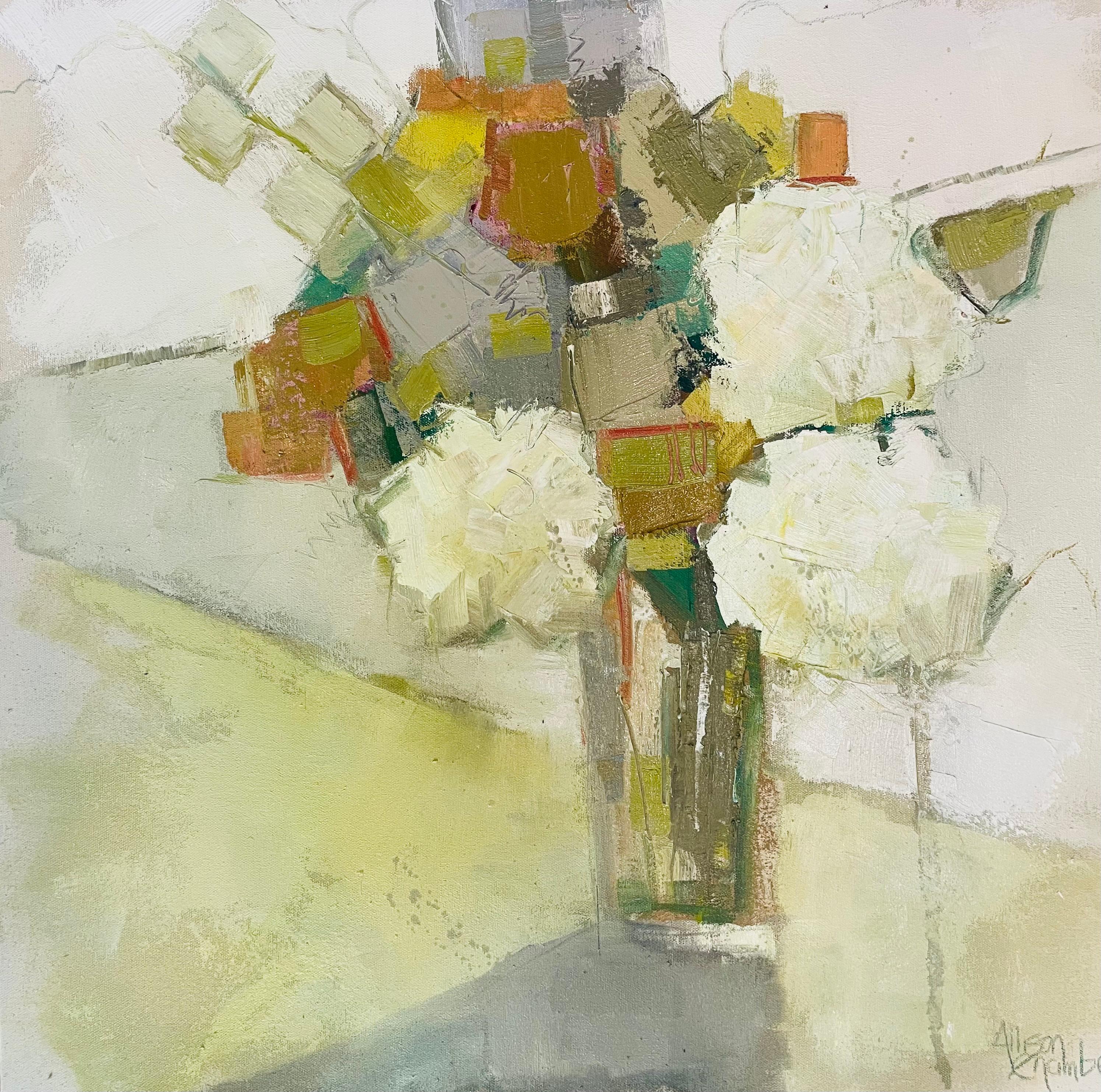 'Wild Thing' is an oil on canvas Impressionist floral painting of square format created by American artist Allison Chambers in 2021. Featuring a palette made of white, green, gold, grey and beige tones, the painting depicts an exquisite bouquet of