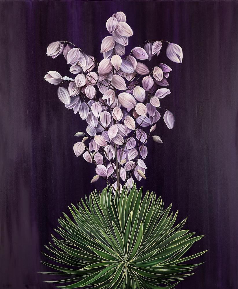 Adam's Needle Yucca, botanical, floral, green and purple plants - Painting by Allison Green