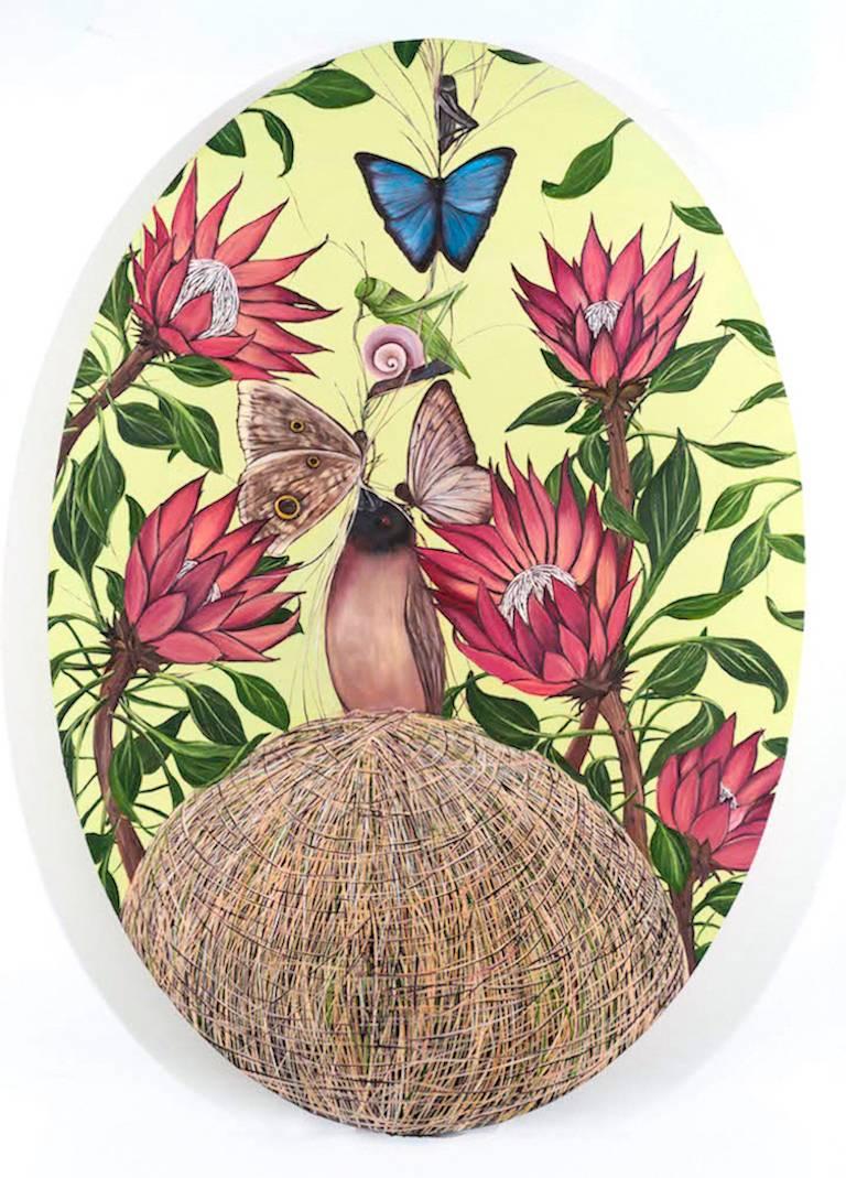 Allison Green Animal Painting – Ascendent, Öl auf Leinwand, 46 x 30 Zoll. Vögel in einer kreisförmigen Komposition 