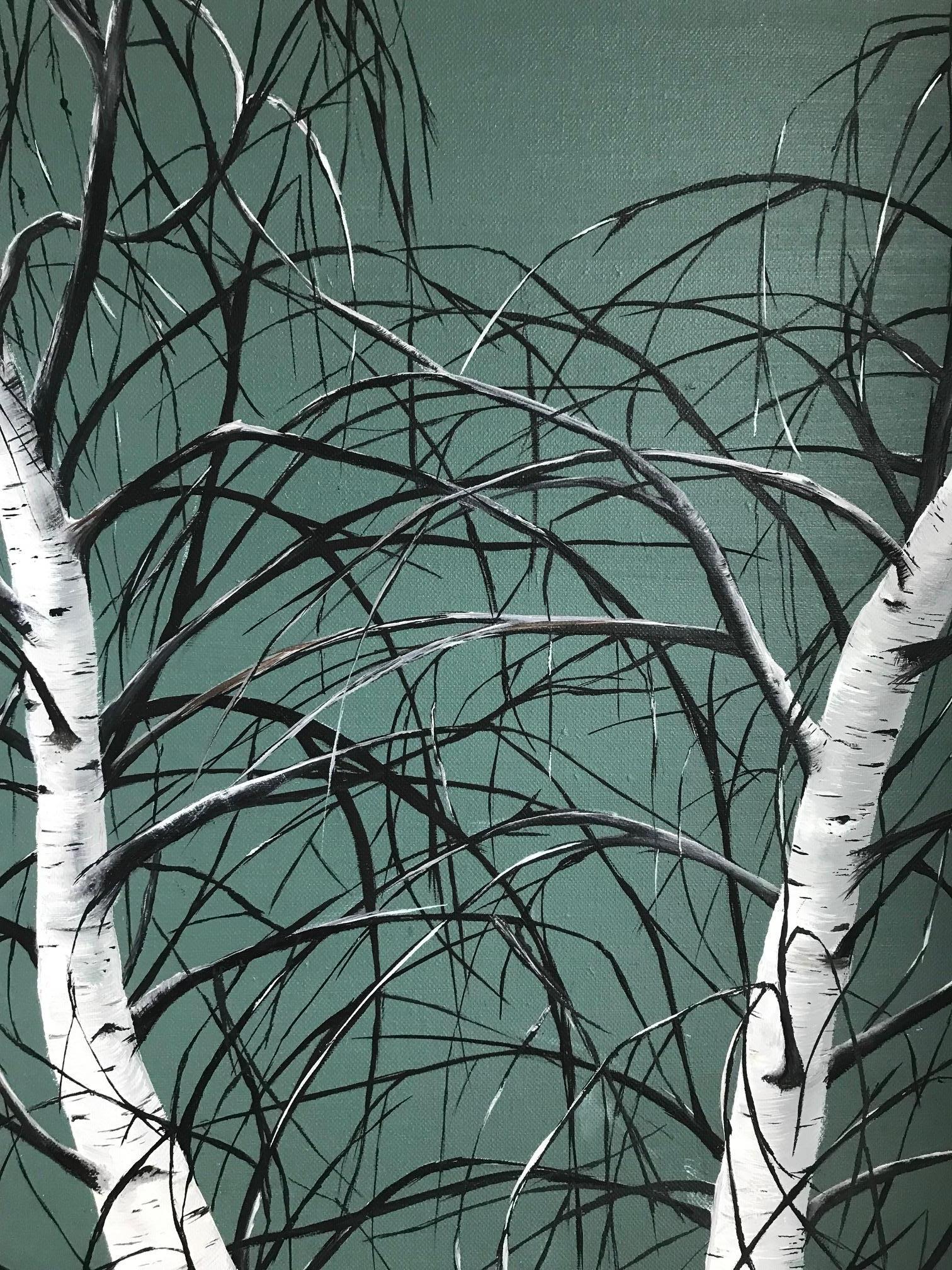 Amantes en lucha (azul, verde, árboles, abedules, paisaje, óleo sobre lienzo) - Painting de Allison Green