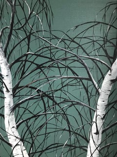 Battling Lovers (blue, green, trees, birches, landscape oil on canvas painting)