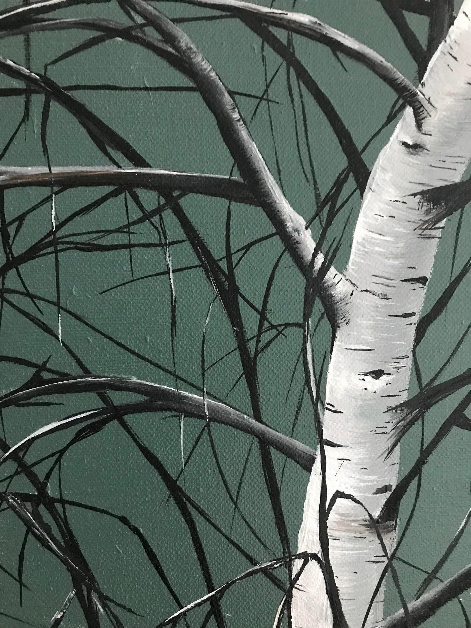 “Battling Lovers” is part of a series of representational arboreal paintings by Allison Green. It depicts two thin, bare white birch trees with tangled branches veering in opposite directions against a dark green background. Green’s work is often