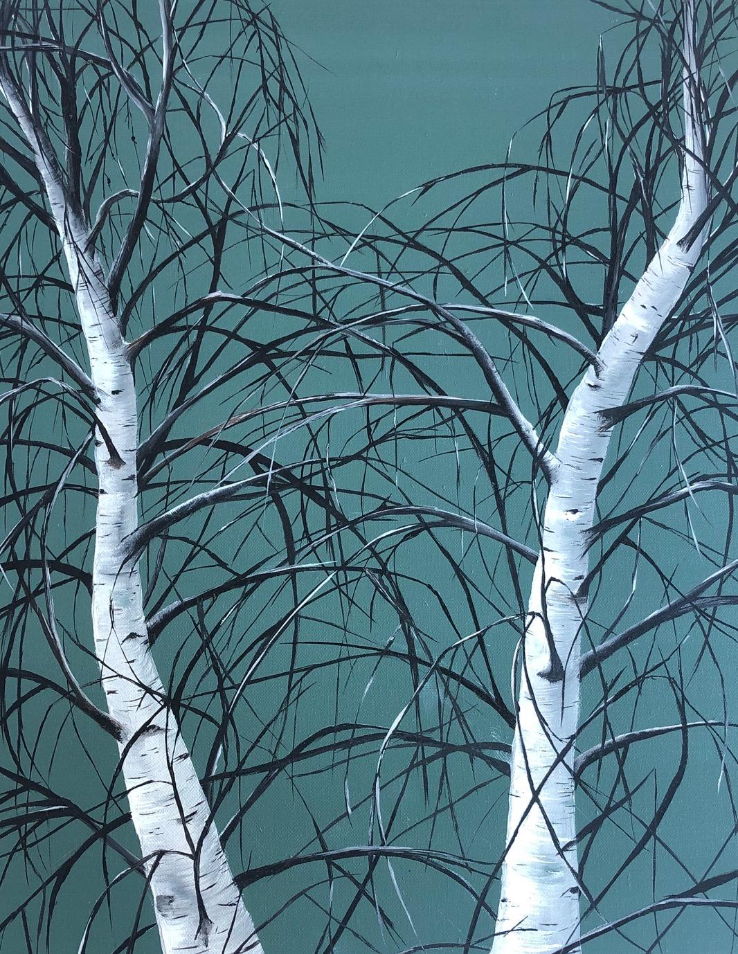 Landscape Painting de Allison Green - Amantes en lucha (azul, verde, árboles, abedules, paisaje, óleo sobre lienzo)