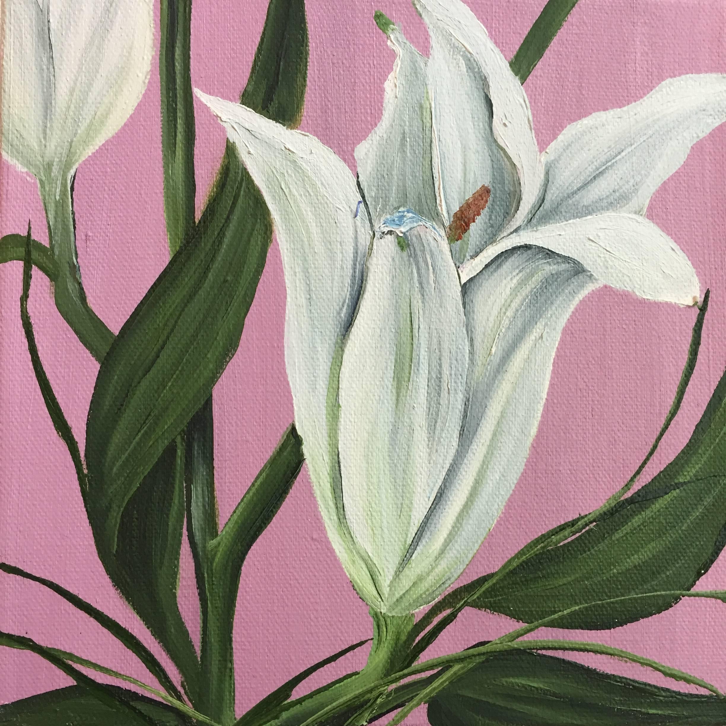 Allison Green Figurative Painting - Garden Study 3, oil on canvas, 8 x 8 inches. Blooming flower painting