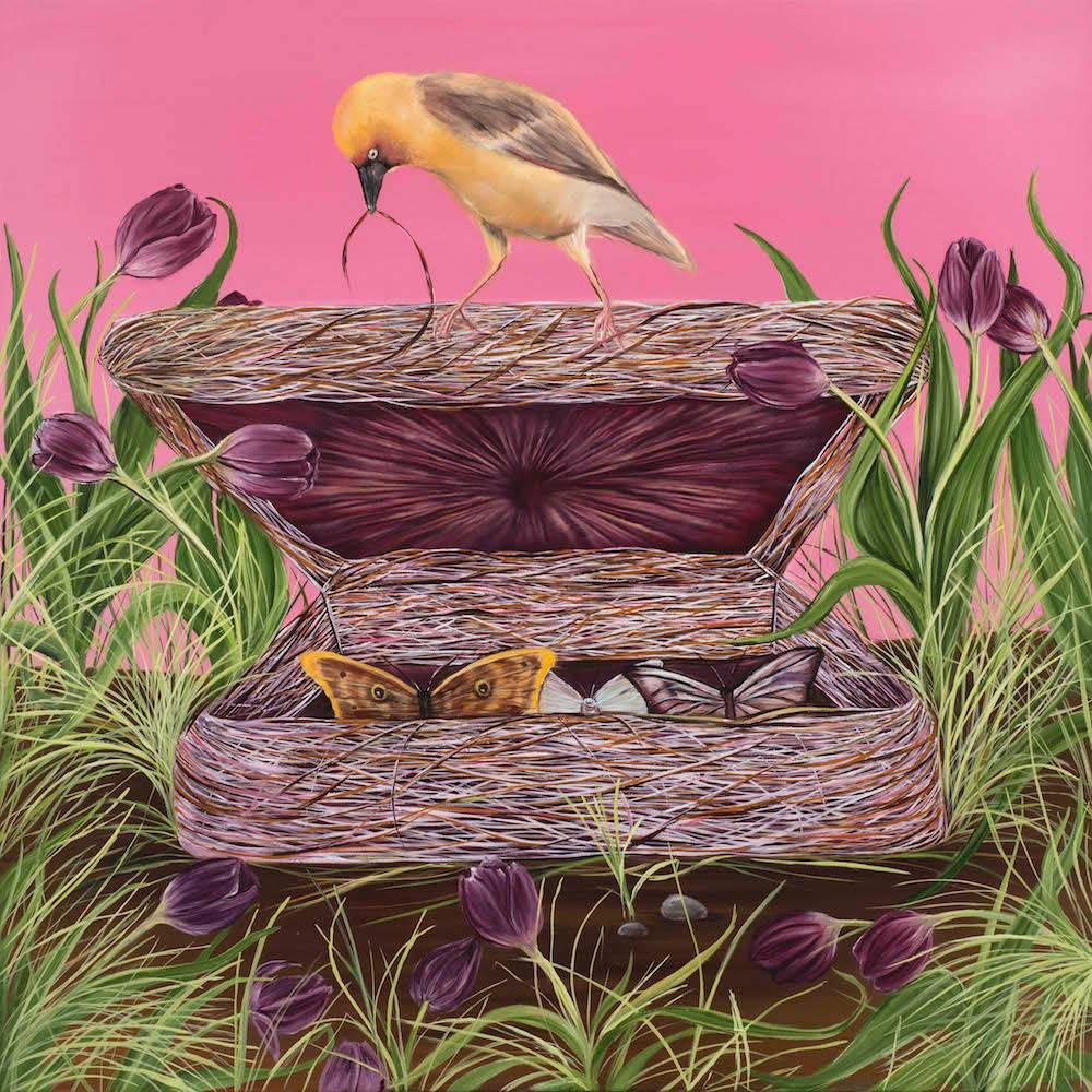 Allison Green Figurative Painting - Grief Box, pink figurative painting with bird and butterflies, landscape