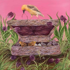 Grief Box, rosa figuratives Gemälde mit Vogel und Schmetterlingen, Landschaft