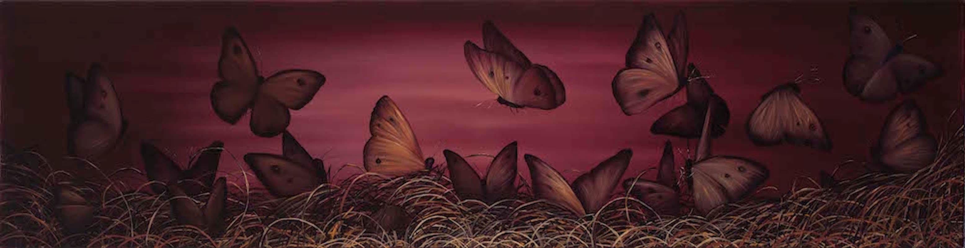 Allison Green Landscape Painting - Life Force, butterflies, magenta