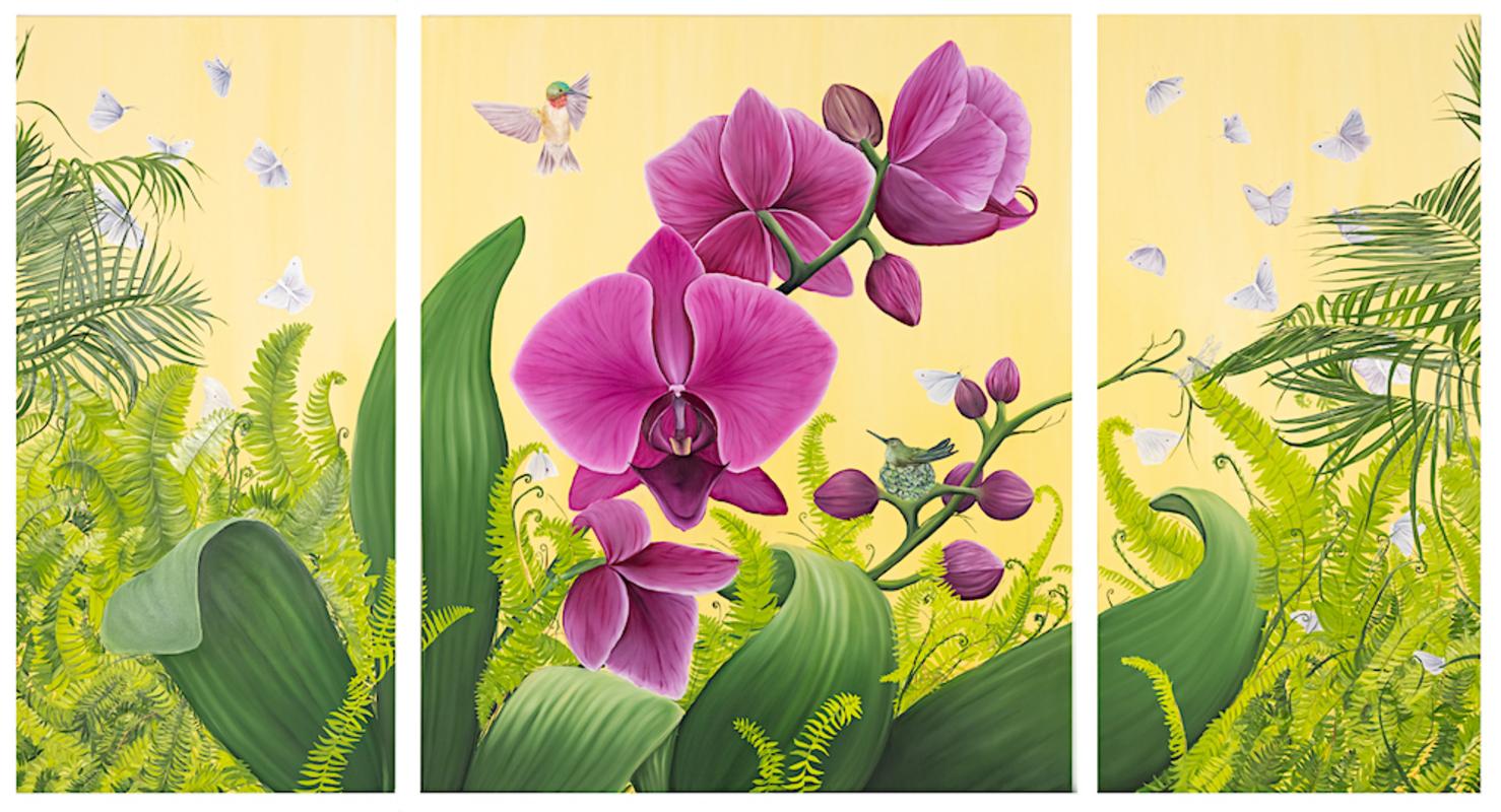 Il giardino di Malia, pittura ad olio botanica, floreale, verde e rosa - Painting di Allison Green