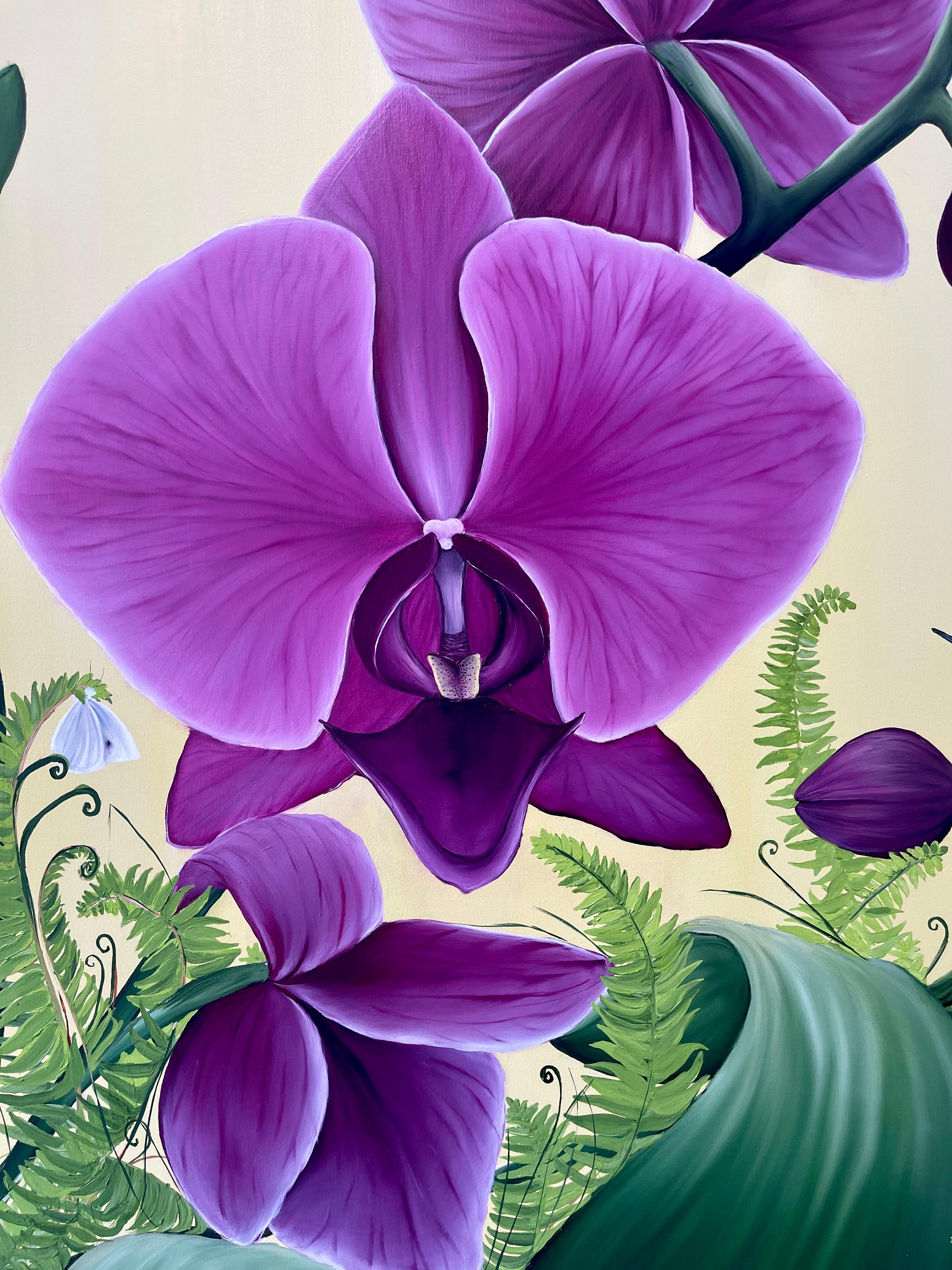 Il giardino di Malia, pittura ad olio botanica, floreale, verde e rosa in vendita 1