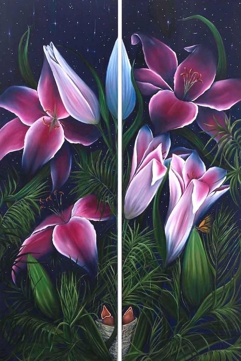 Allison Green Figurative Painting - Star Gazers, oil on canvas, 78 x 42 inches. Diptych flower painting