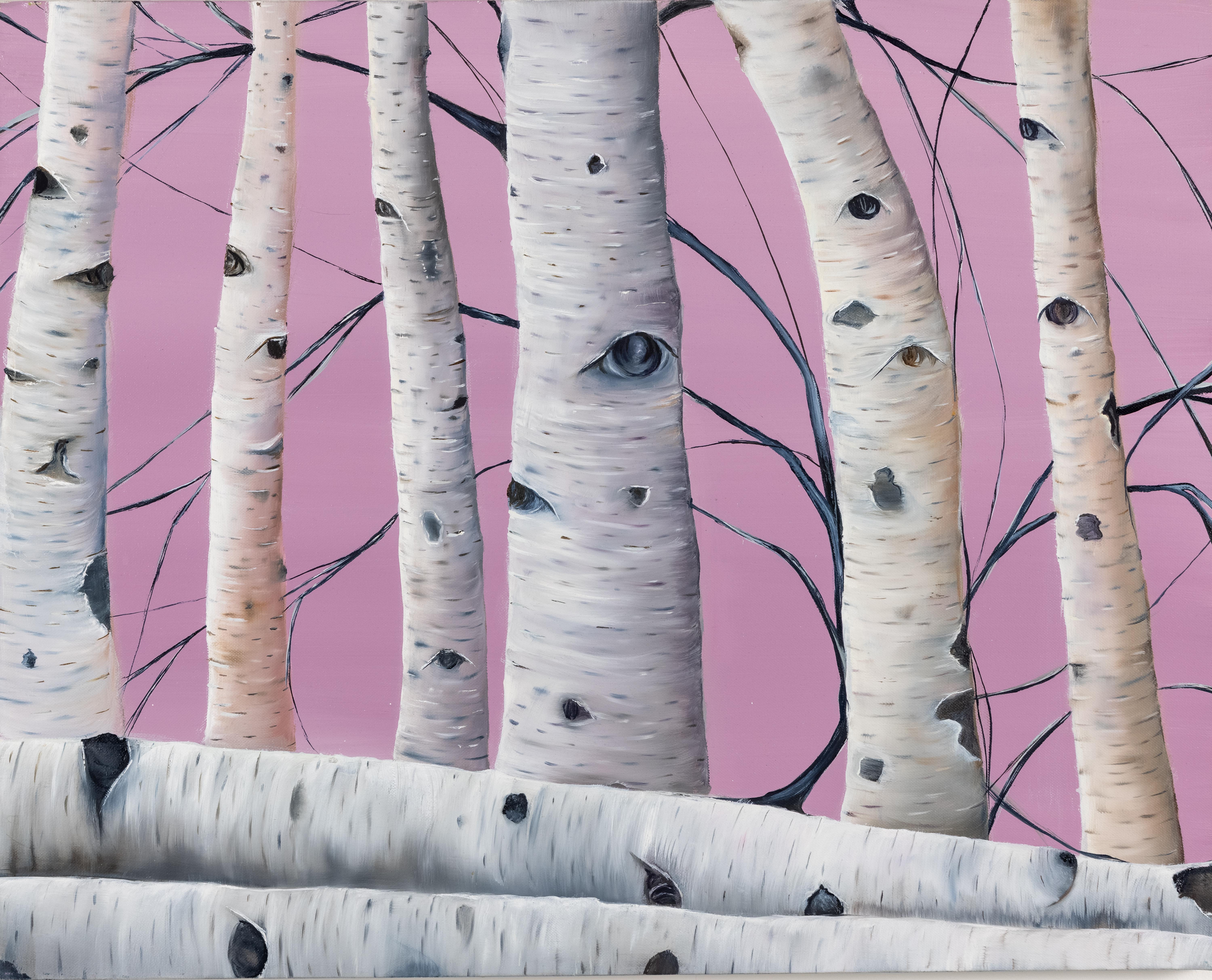 Allison Green Landscape Painting - The Eyes of The Ancestors, trees, pink and grey