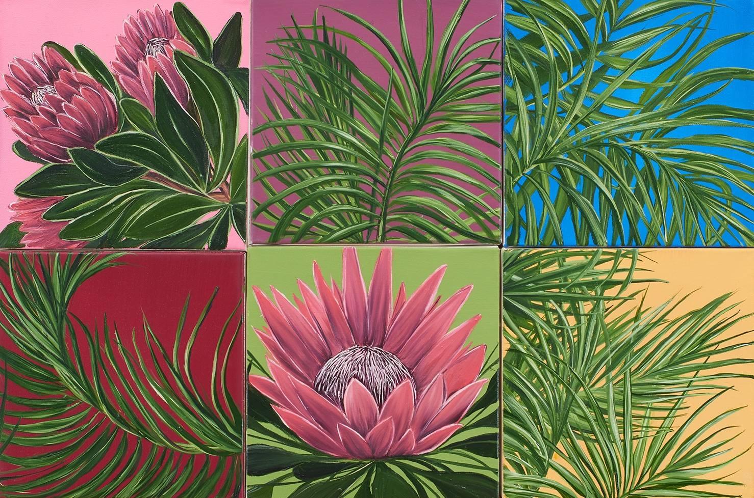 Tropical Study 3, oil on canvas, 10 x 10 inches. Plant painting, purple - Painting by Allison Green