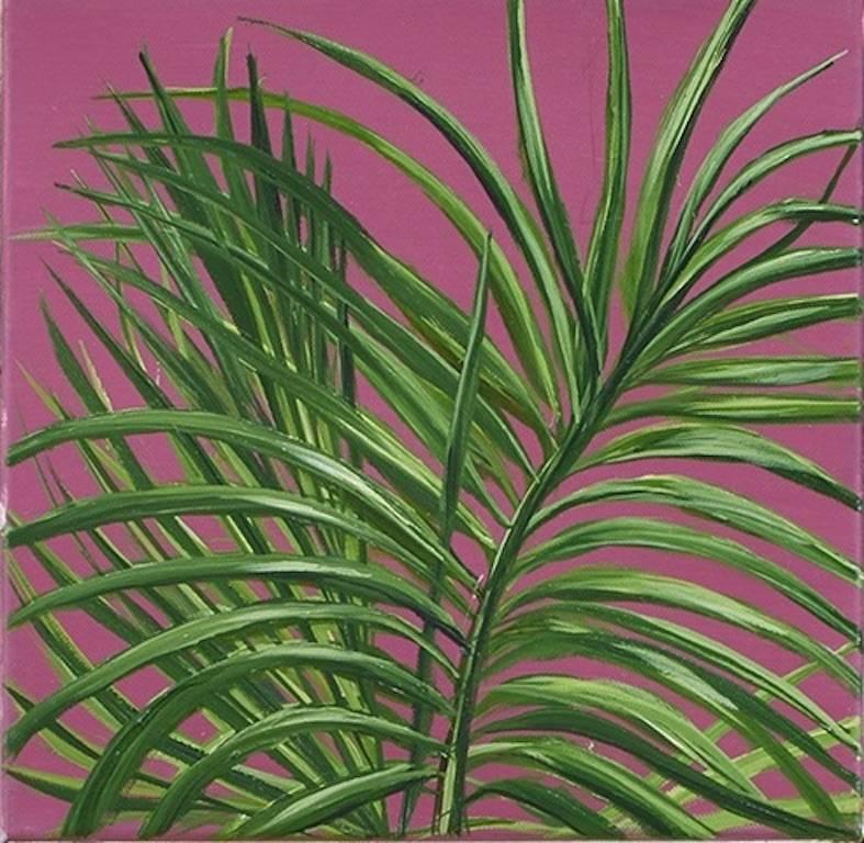 Allison Green Figurative Painting - Tropical Study 3, oil on canvas, 10 x 10 inches. Plant painting, purple