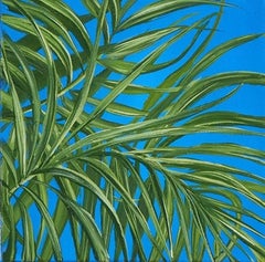 Tropical Study 4, Öl auf Leinwand, 25,4 x 25,4 cm. Blaues Pflanzgefäß