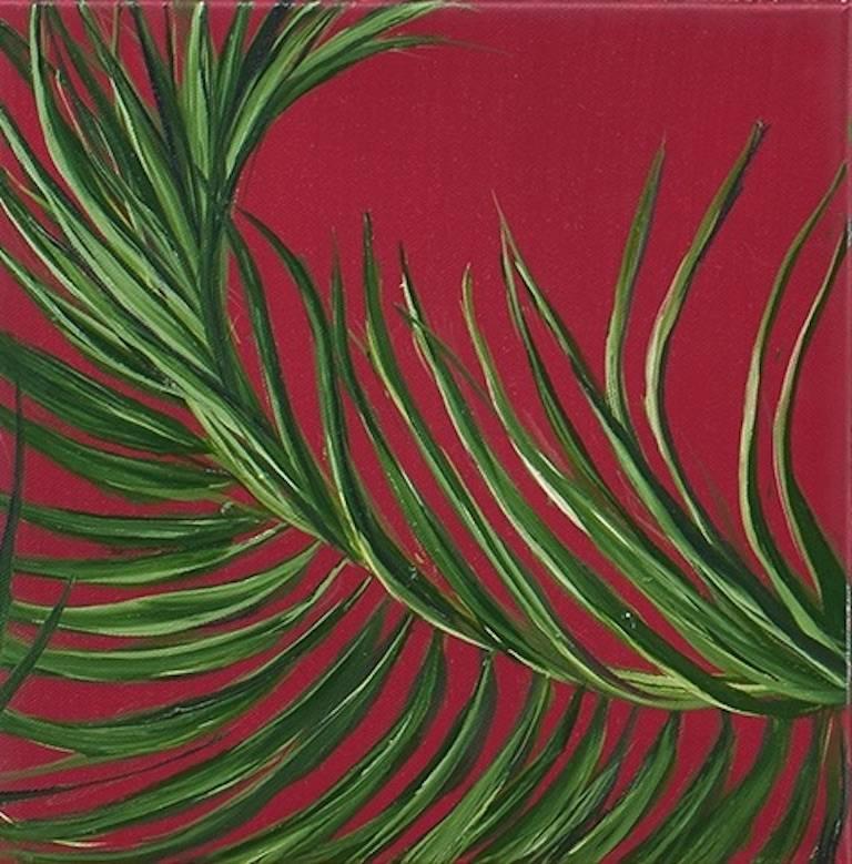 Tropical Study 5, oil on canvas, 10 x 10 inches. Red and green plant painting