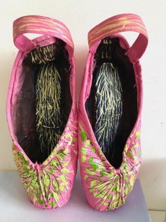 The Dance of Spring, pink and green oil paint on ballet shoes, mixed media