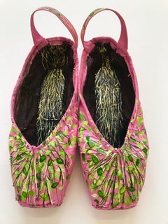 The Dance of Spring, pink and green oil paint on ballet shoes, mixed media 