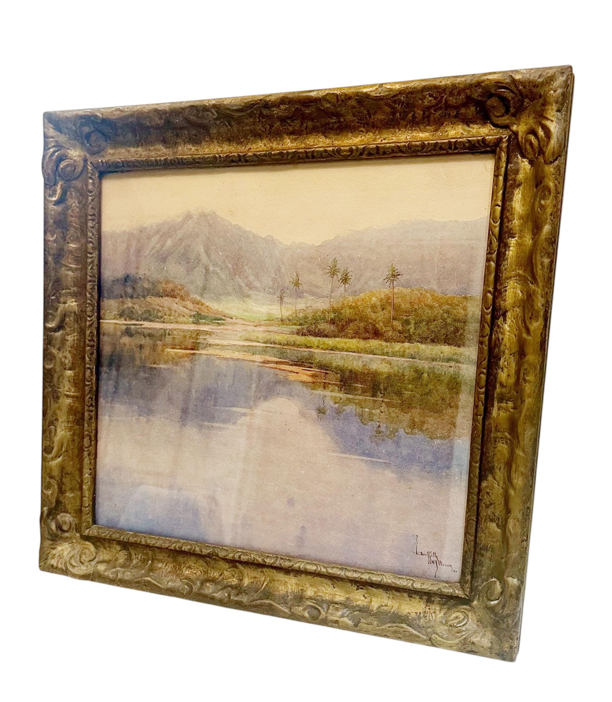 Ein zartes und stimmungsvolles Aquarell auf Papier der Künstlerin Allison Griffith aus den 1930er Jahren. Die inzwischen verstorbene Griffith ist für ihren raffinierten und atmosphärischen Stil bekannt, und dieses Werk fängt eine ruhige